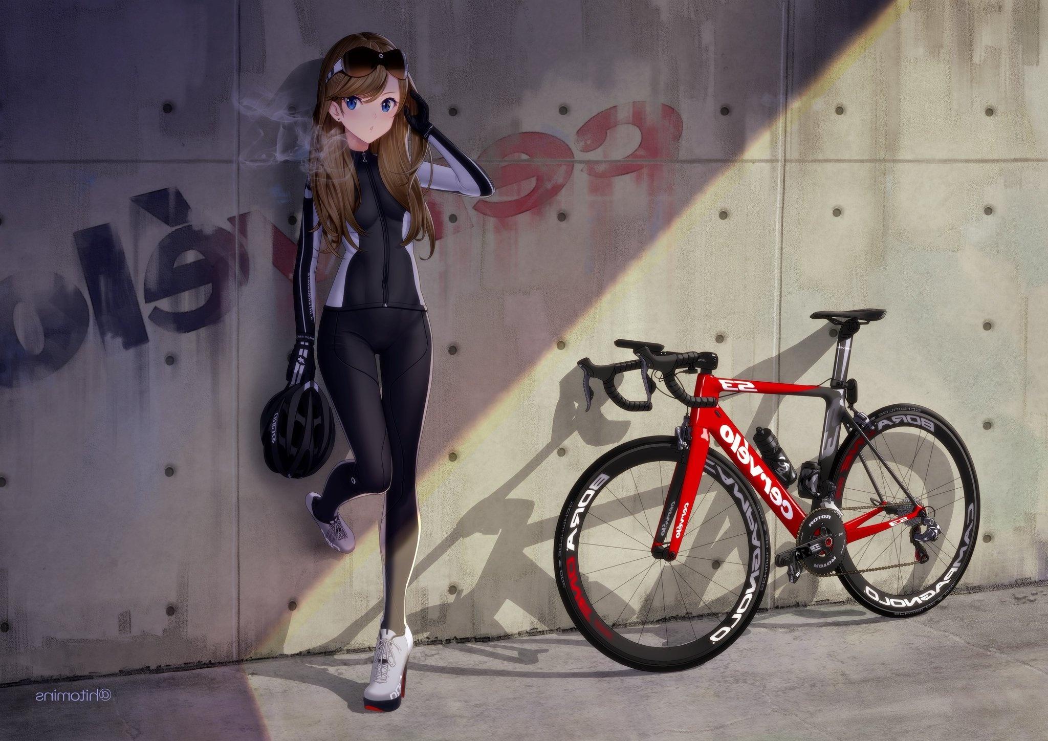 2048x1448 Wallpaper Brown Hair, Anime Girl, Bicycle, Blue Eyes, Wall:2048x1448
