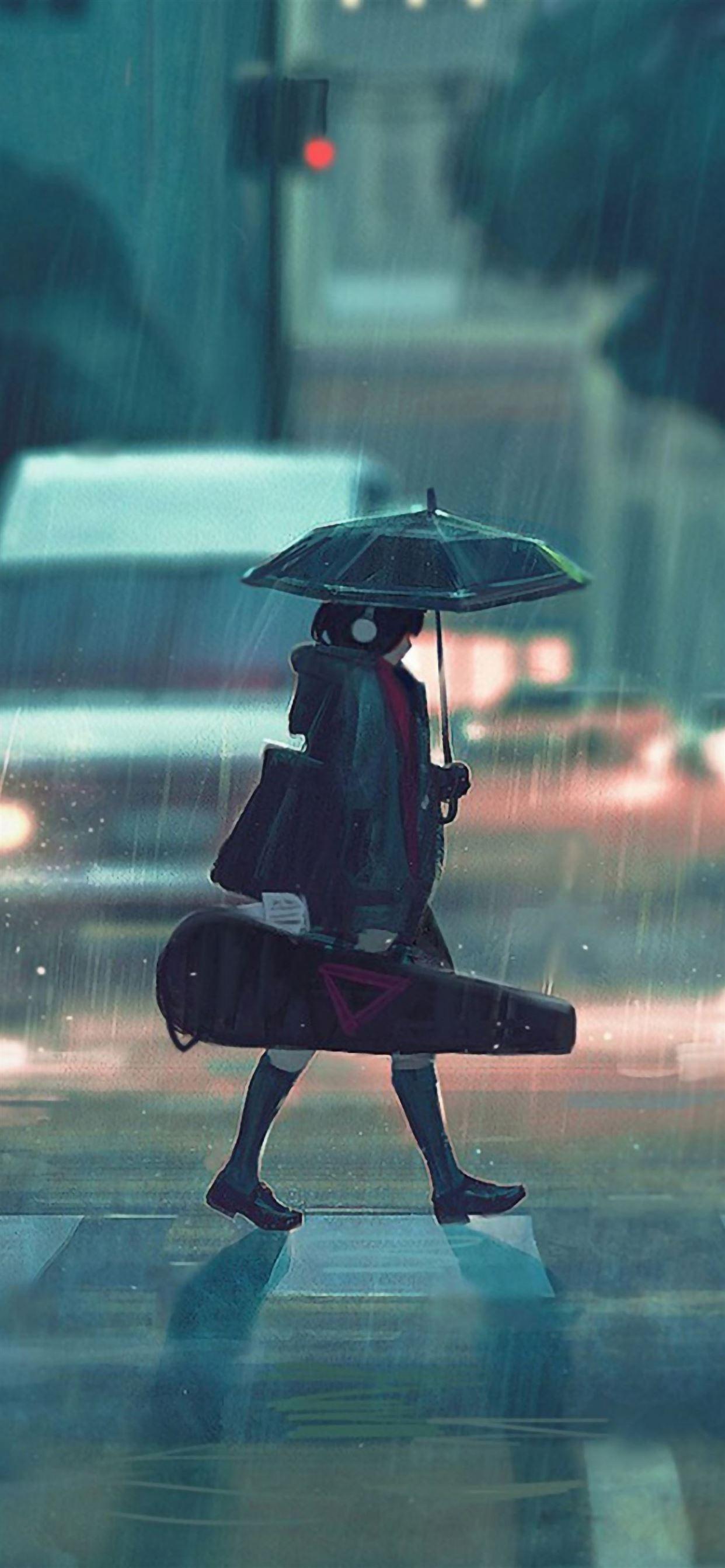 1242x2688 Rainy day anime girl iPhone Wallpaper Free Download