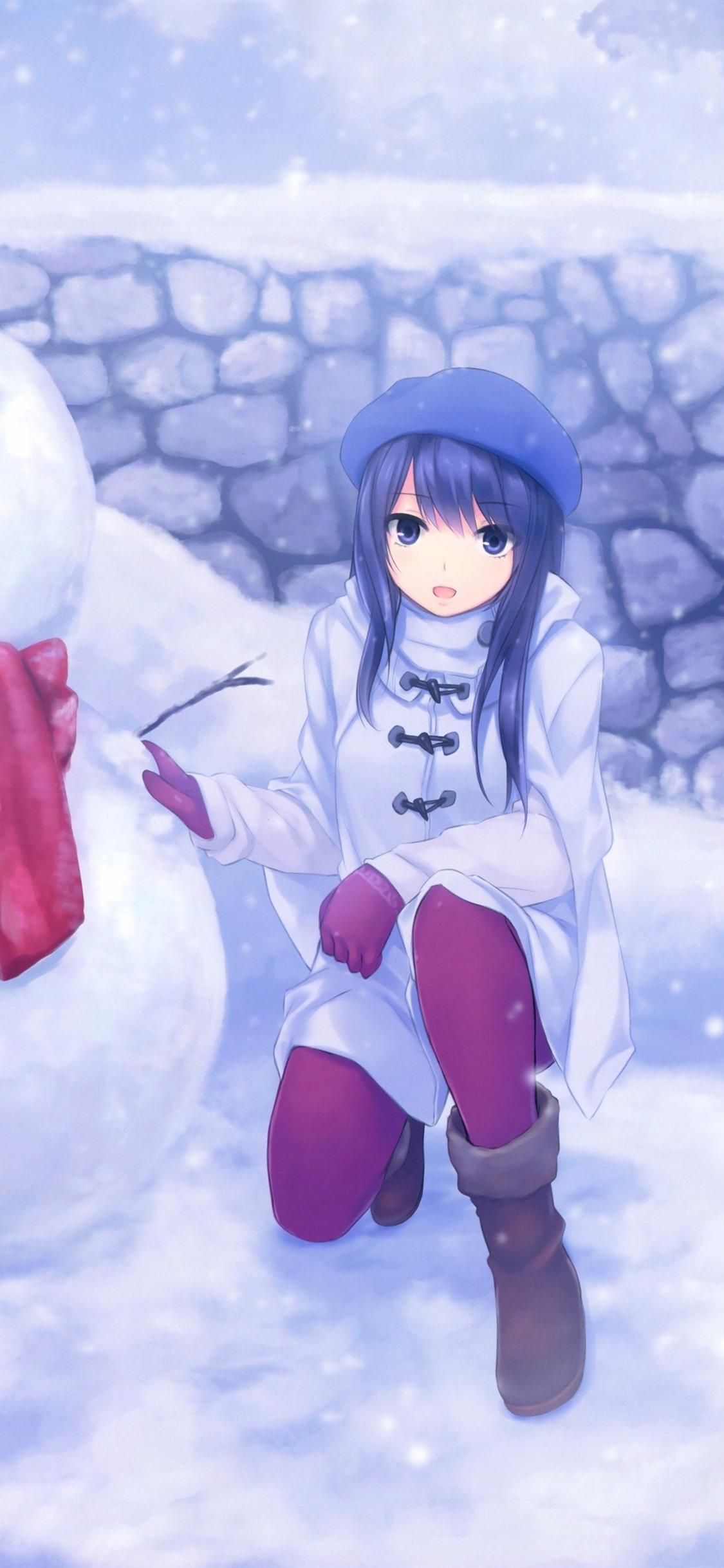1125x2436 Anime Girl And Snowman, Snowy 1125x2436 IPhone 11 Pro XS X Wallpaper, Background, Picture, Image