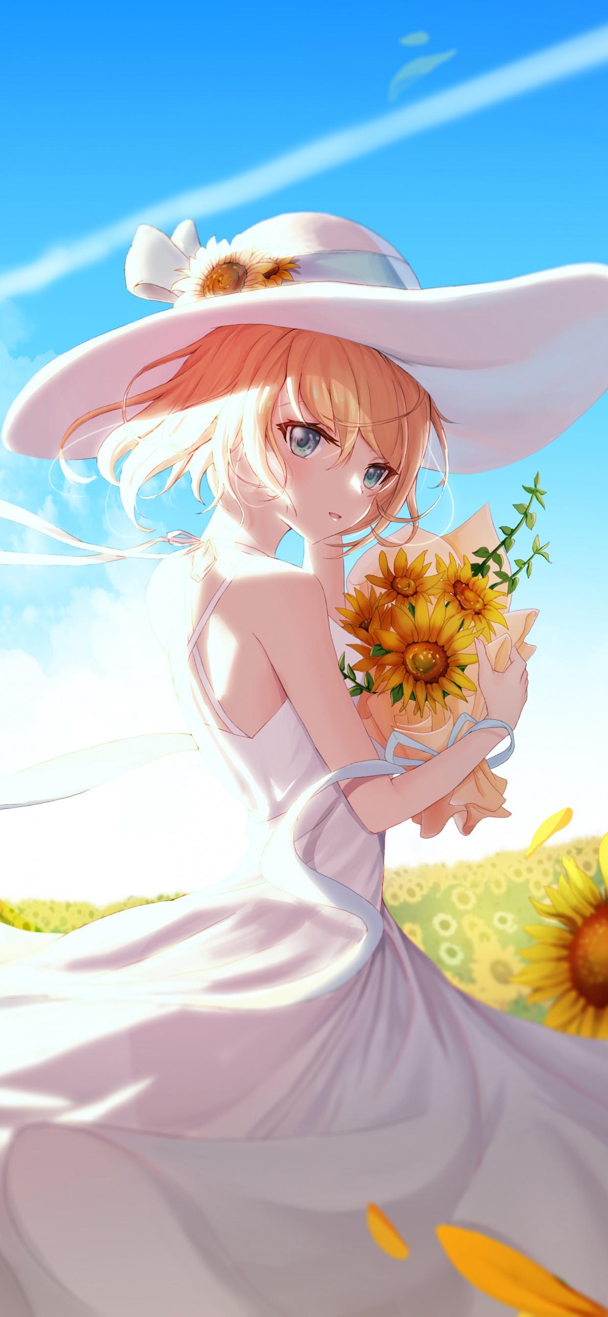 1242x2688 Anime girl Wallpaper 4K, Sunflowers, Sunny day, 5K, Fantasy