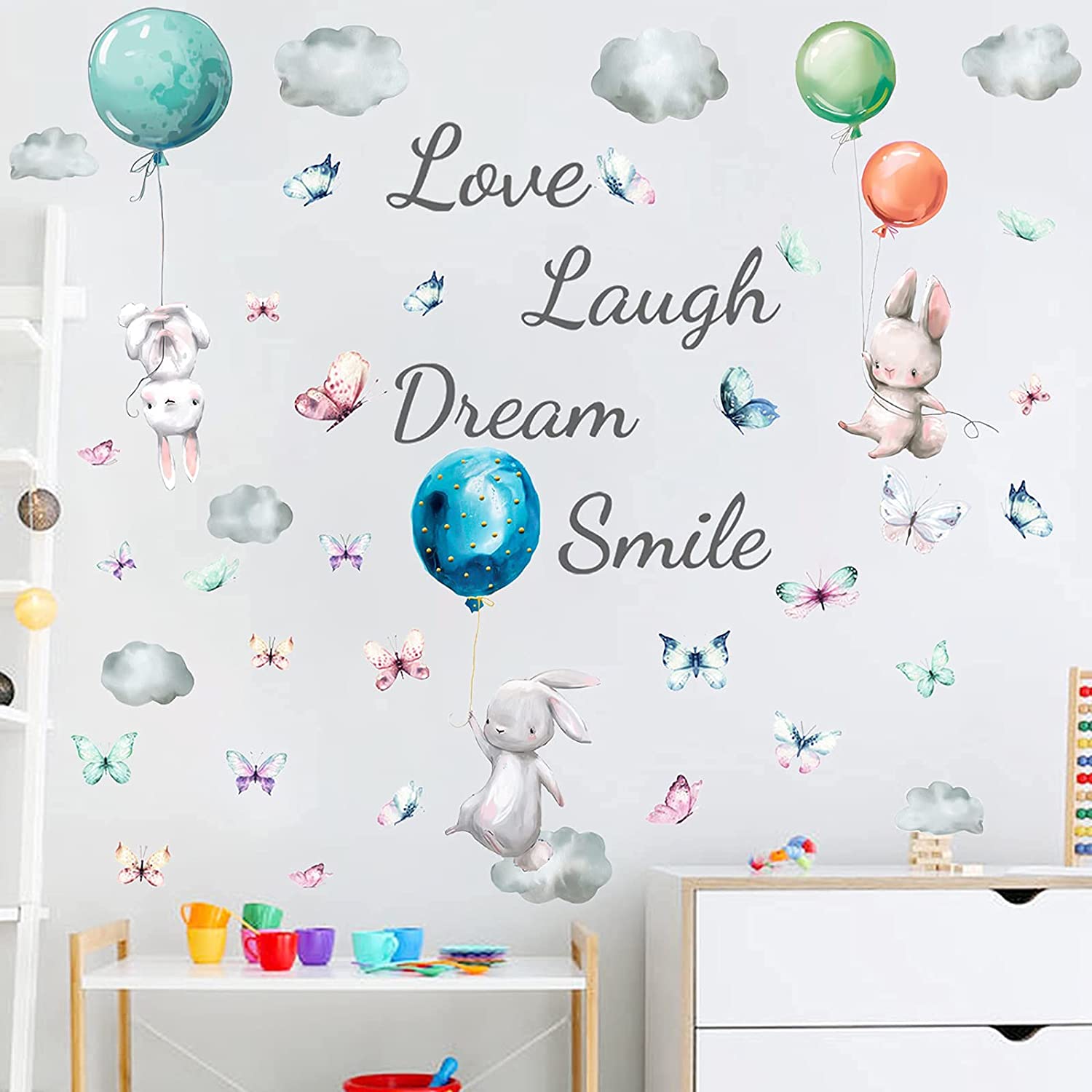 1500x1500 Buy 2 Sets Creative Cartoon Balloon Bunny Kids Wall Stickers, DIY Love Laugh Dream Smile Quotes Colorful Butterfly Wallpaper Decal, Cute Art Mural for Baby Boy Girl Bedroom Online in Indonesia. B096Y6XT5Z