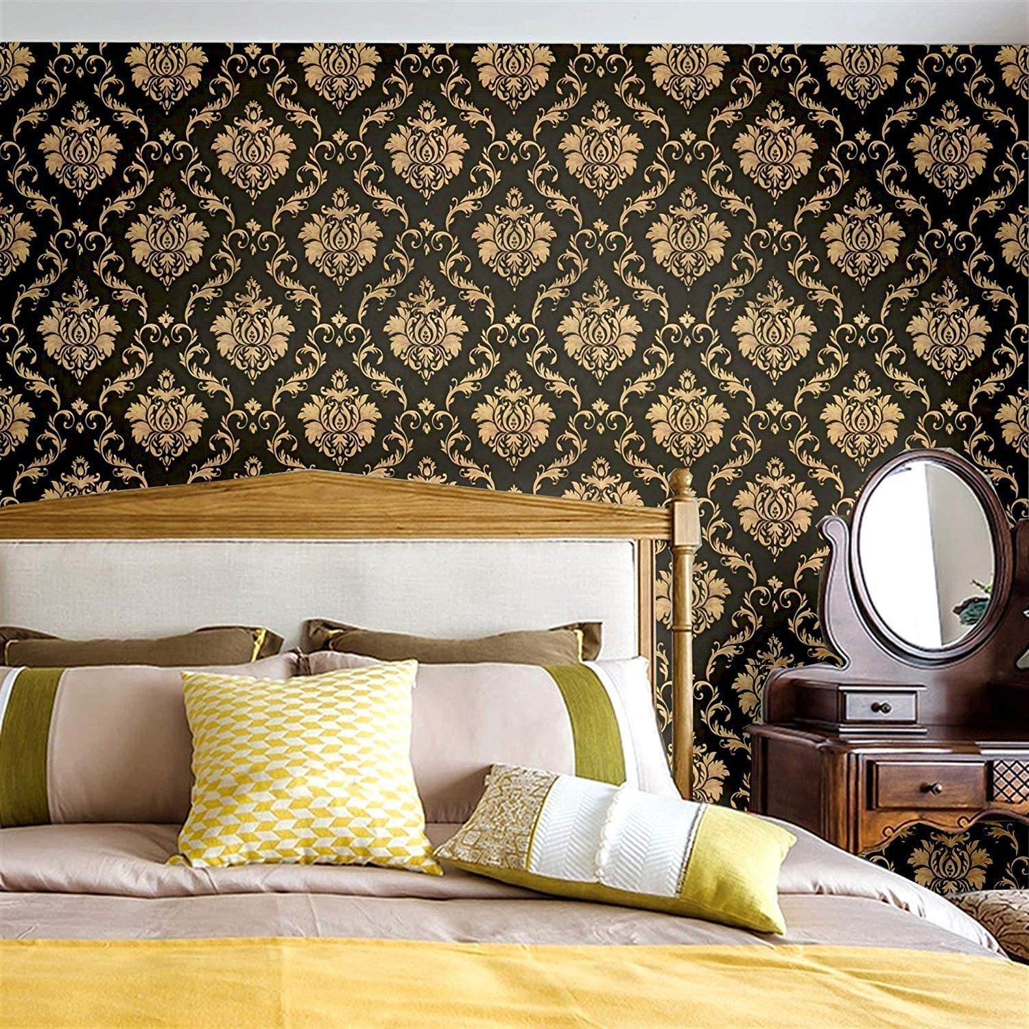 1500x1500 Buy AFANQI Luxury Classic Black Damask Stereo Deep Embossed Wallpaper, Damask PVC Wallpaper, Used For Home Bedroom, TV Wall, Bar (32.8 Feet X 1.738 Feet)(Wood Pulp Black WP19808) Online In Turkey. B08YJL8Q6C