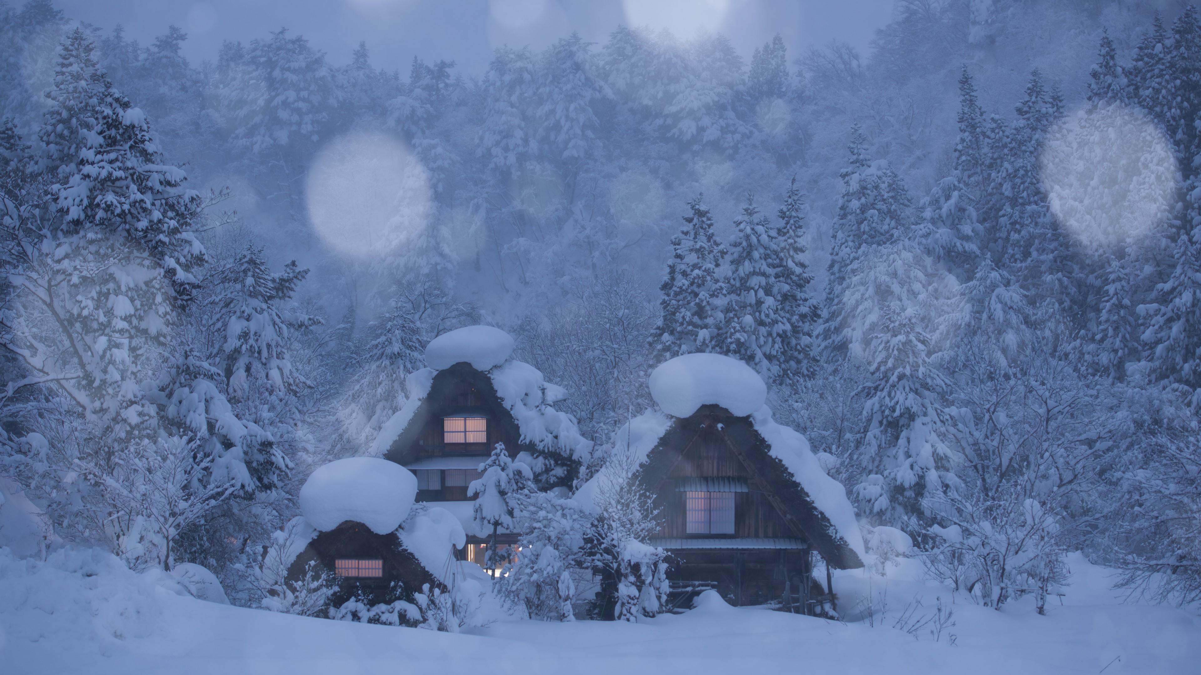 3840x2160 Cabins in Winter Snowstorm 4k Ultra HD Wallpaper