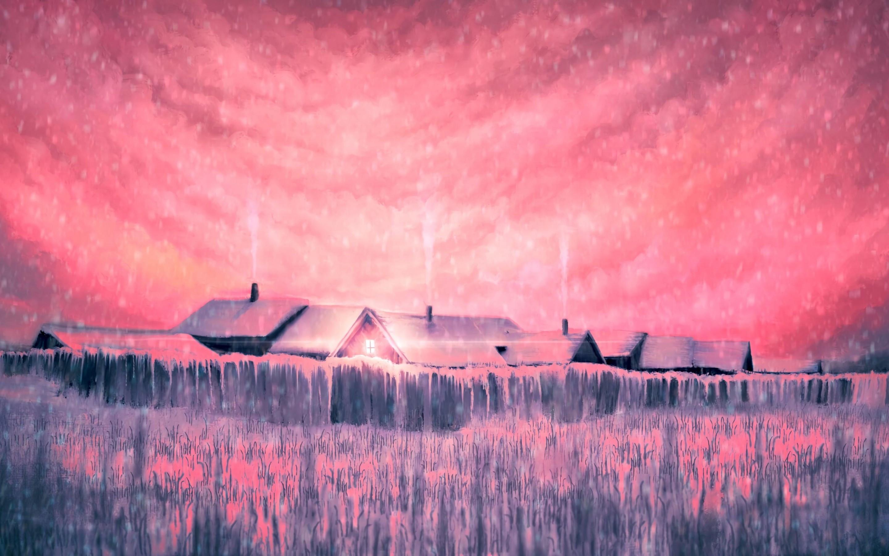 2880x1800 Download 2880x1800 Pink Sky, House, Smoke, Snow, Field, Artwork Wallpaper for MacBook Pro 15 inch