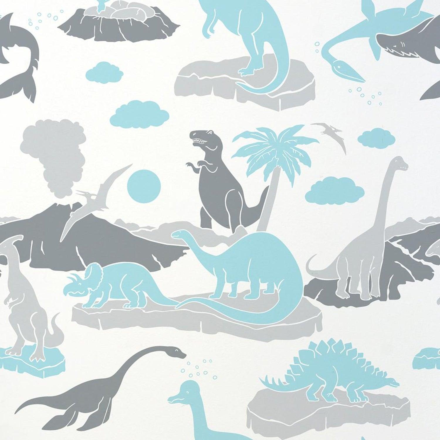 1500x1500 Pangaea Designer Dinosaur Wallpaper in Ice 'Turquoise Blue and Greys'