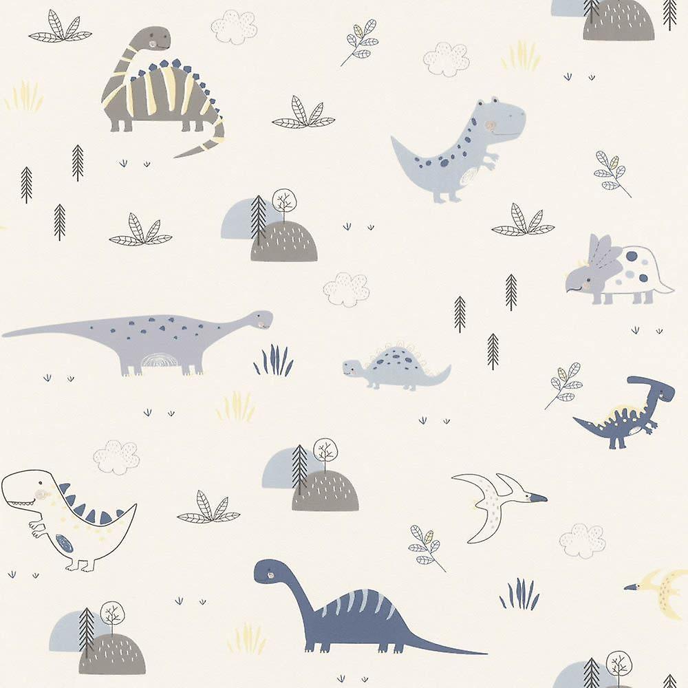 1000x1000 Dinosaurs Wallpaper Kids Children's Room Nursery White Blue Grey Yellow Rasch