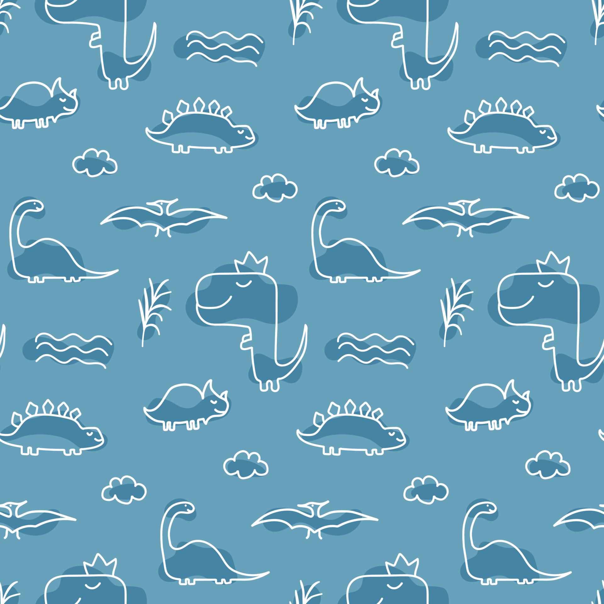 1920x1920 Seamless pattern with dinosaurs for baby fabric, textile, baby wallpaper. White lines doodle on a blue background