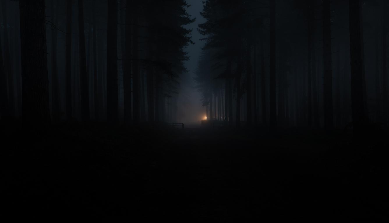 1336x768 Wallpaper Dark Forest, Foggy, Trees, Fence:5973x3982