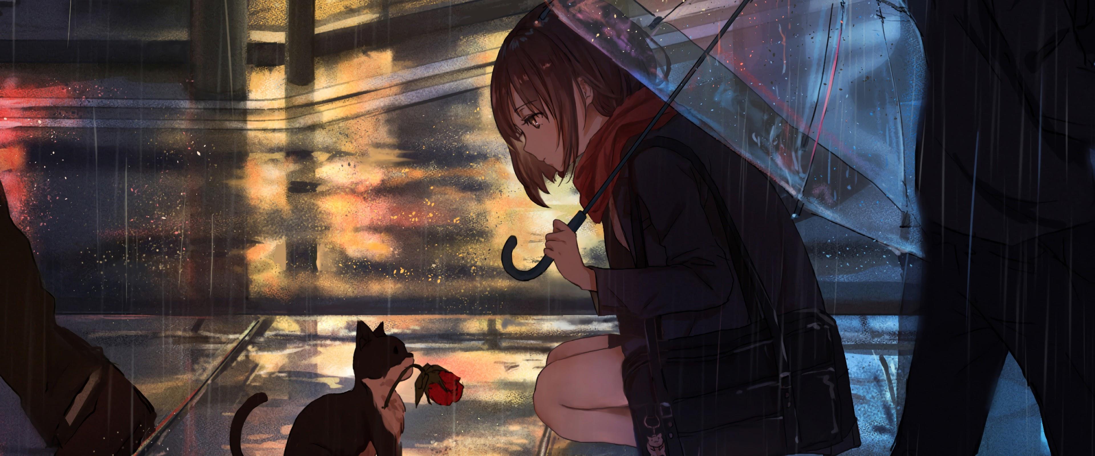 3840x1600 Anime Girl Raining Cat 4K Wallpaper