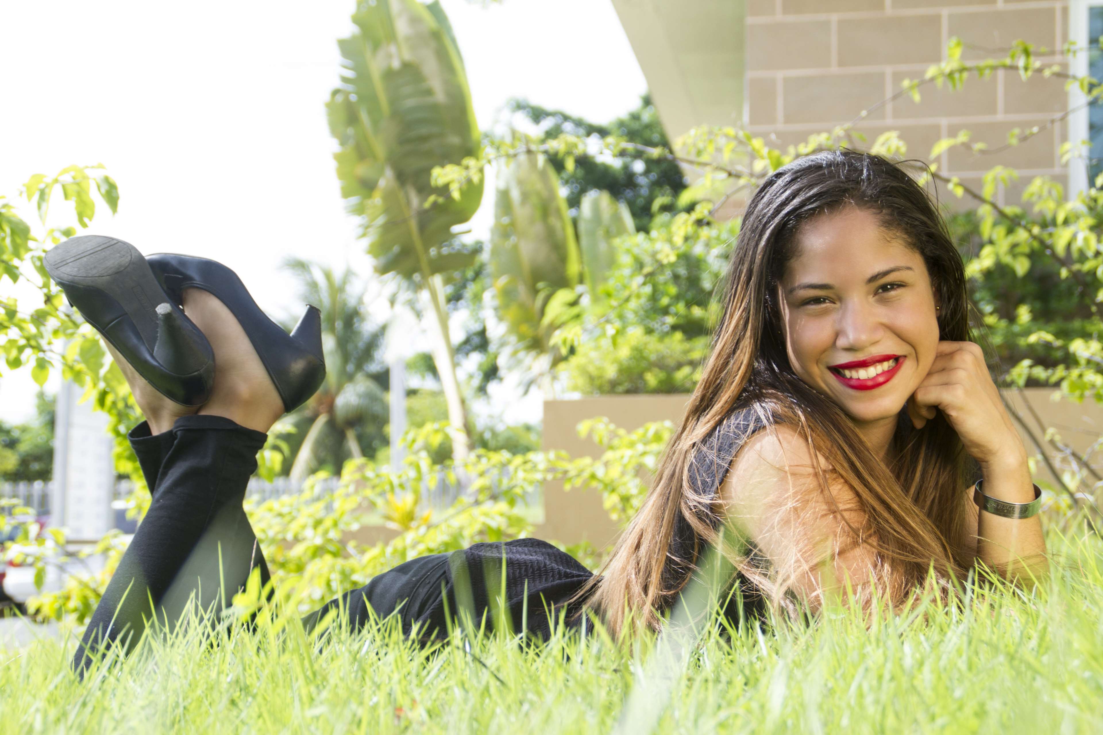 3840x2560 beautiful, day, lawn, light, lying down, model, natural light