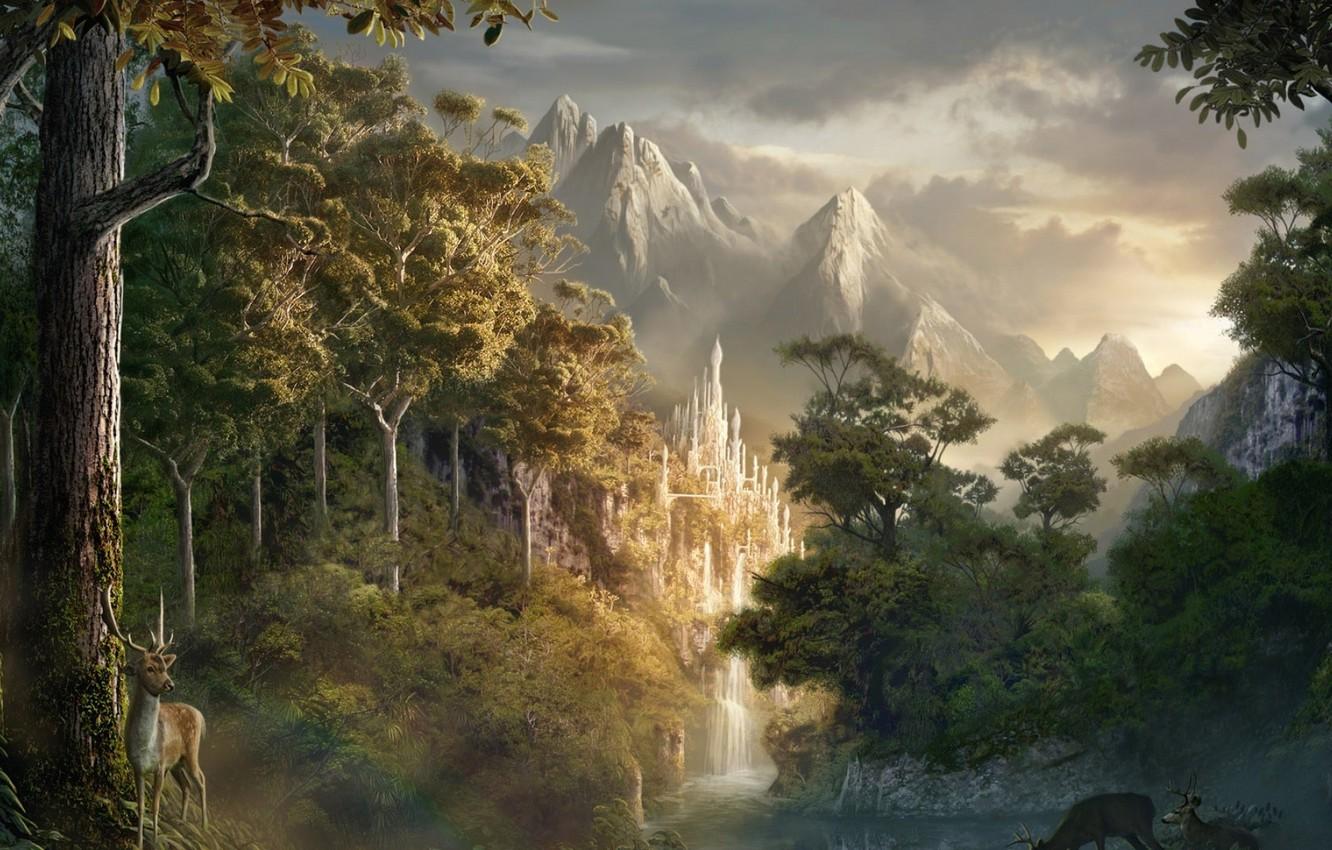 1332x850 Wallpaper forest, castle, deer image for desktop, section природа