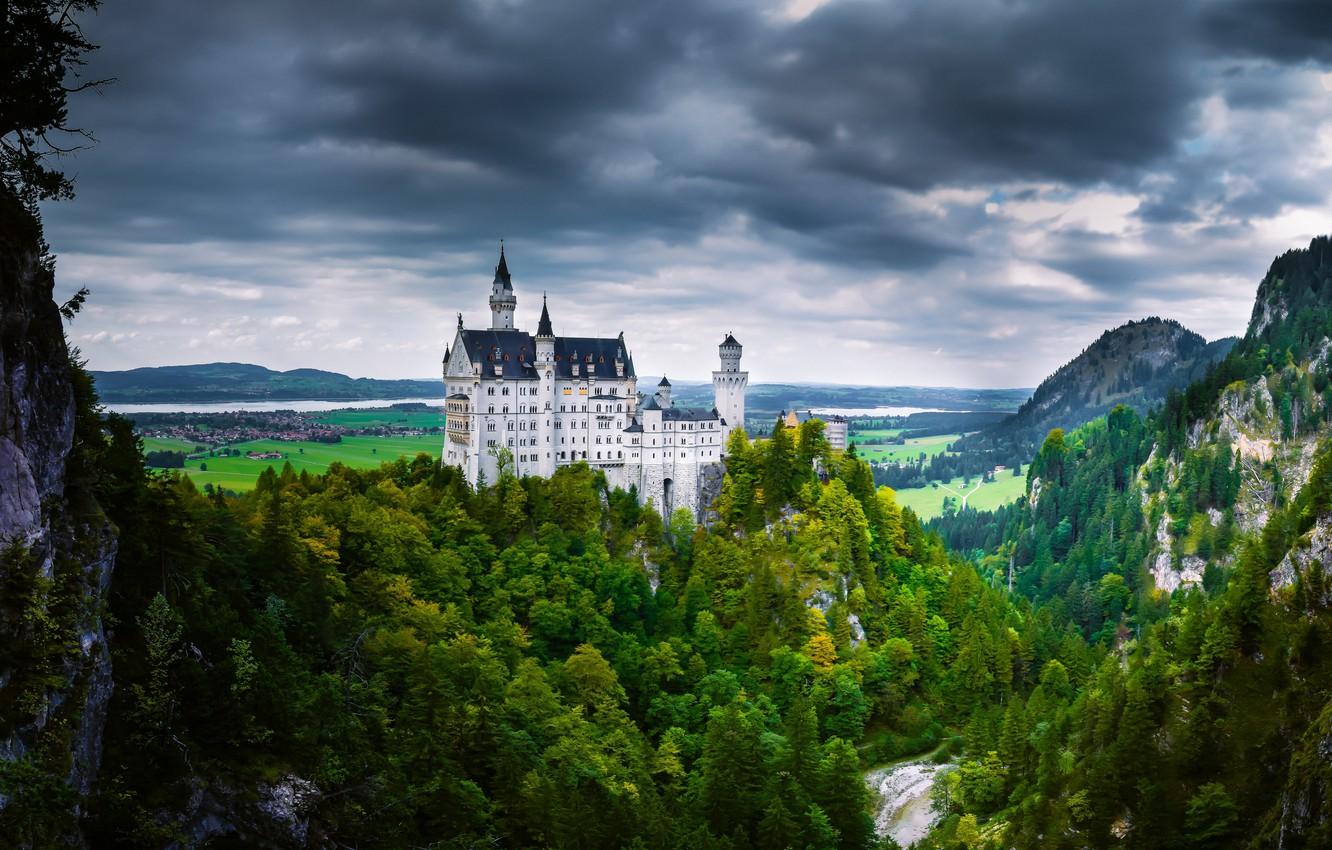 1332x850 Wallpaper landscape, mountains, clouds, nature, castle, rocks, Germany, Alps, forest, Neuschwanstein image for desktop, section пейзажи
