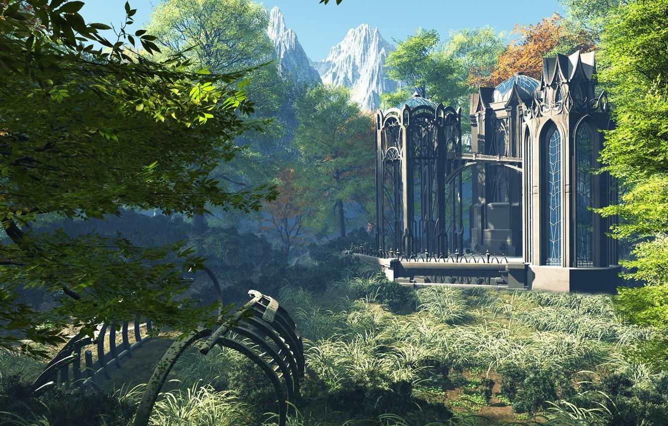 1332x850 Wallpaper forest, the sky, grass, mountains, the skeleton, skeleton, tower, Palace, temple, build image for desktop, section фантастика