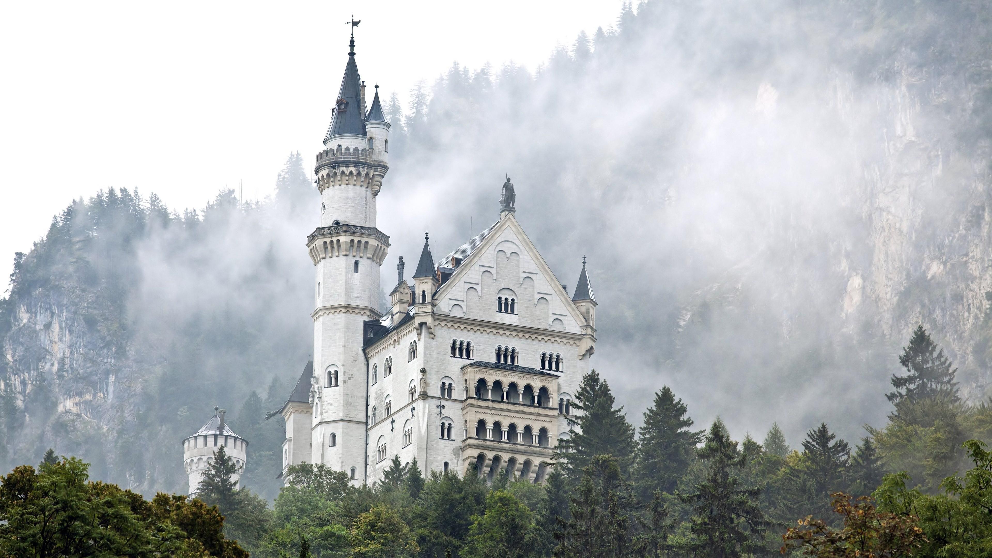 3840x2160 Wallpaper Neuschwanstein castle, Germany, forest, trees, smoke, Architecture