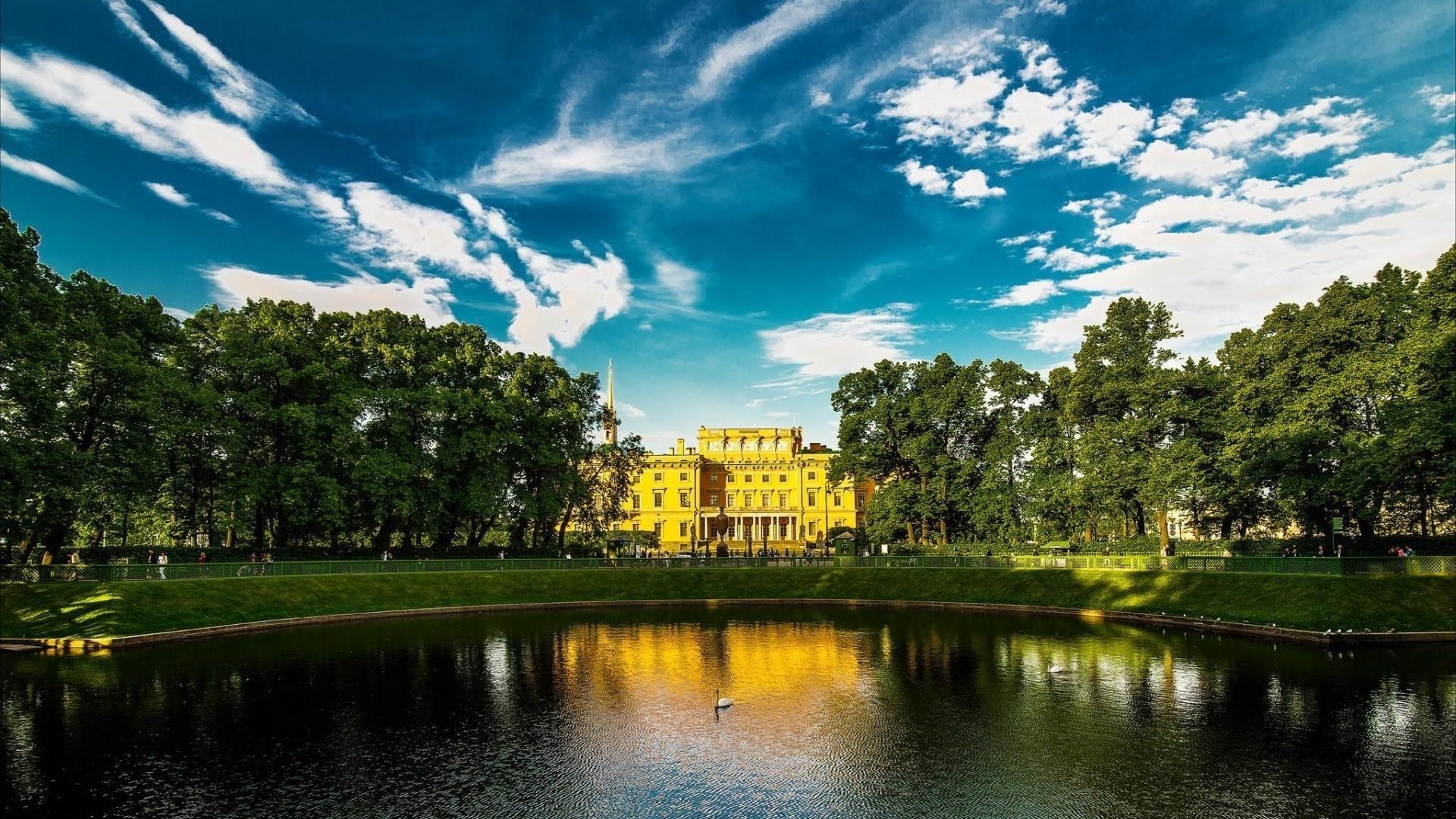 1920x1080 nature, Landscape, Architecture, Trees, Forest, Russia, Lake, Palace, Park, Swans, Grass, Clouds, People Wallpaper HD / Desktop and Mobile Background
