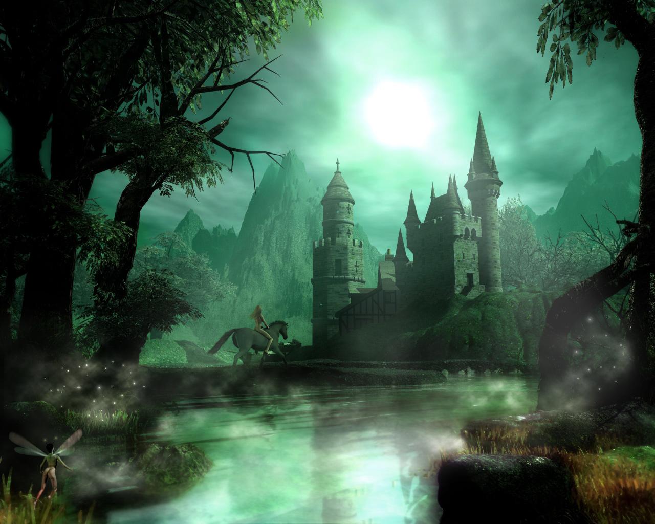 1280x1024 Download desktop wallpaper Forest, castle and a naked girl on a horse background for your desktop, erotic, fantasy, fantasy