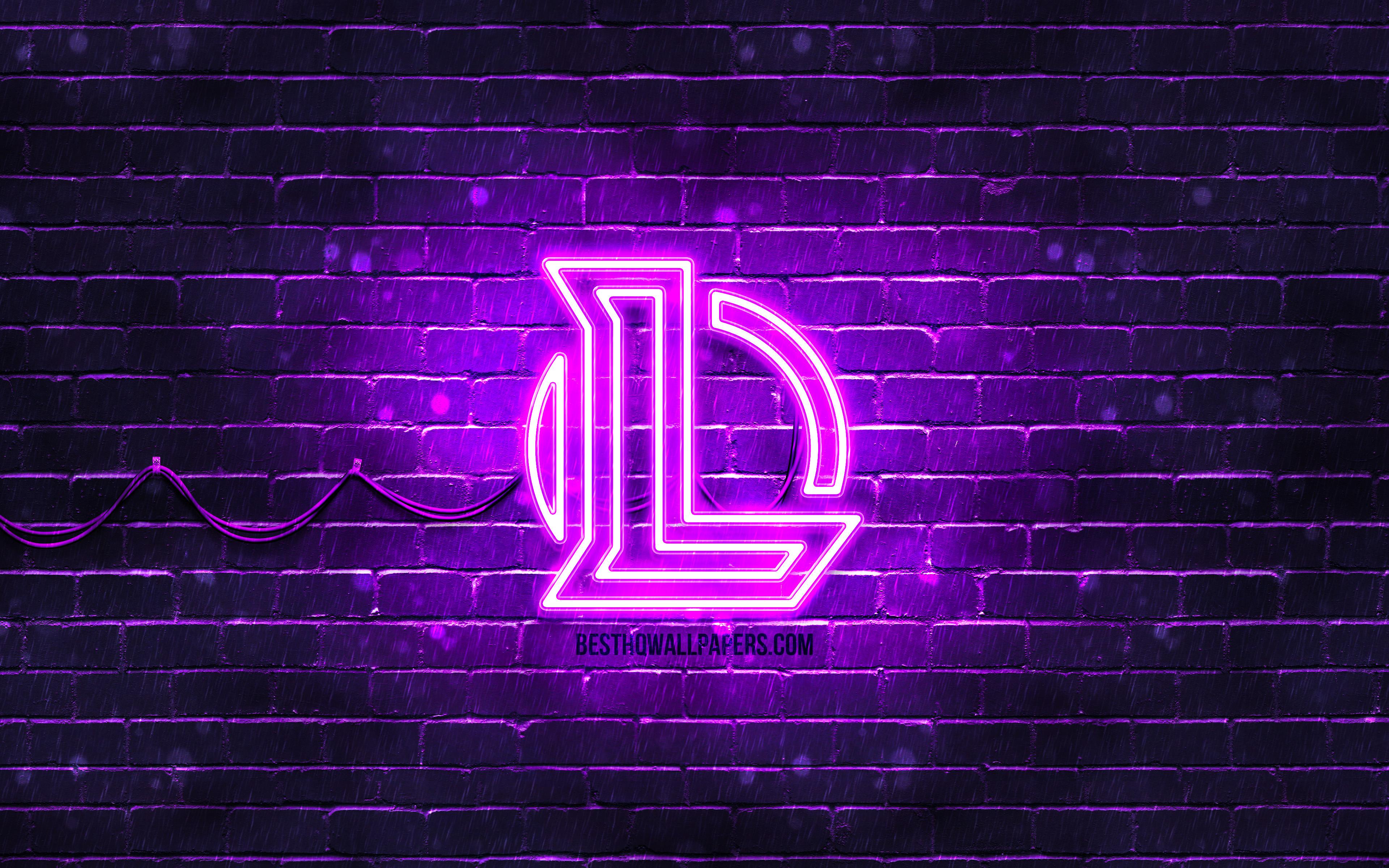 3840x2400 Download wallpaper League of Legends violet logo, LoL, 4k, violet brickwall, League of Legends logo, 2020 games, League of Legends neon logo, League of Legends, LoL logo for desktop with resolution 3840x2400