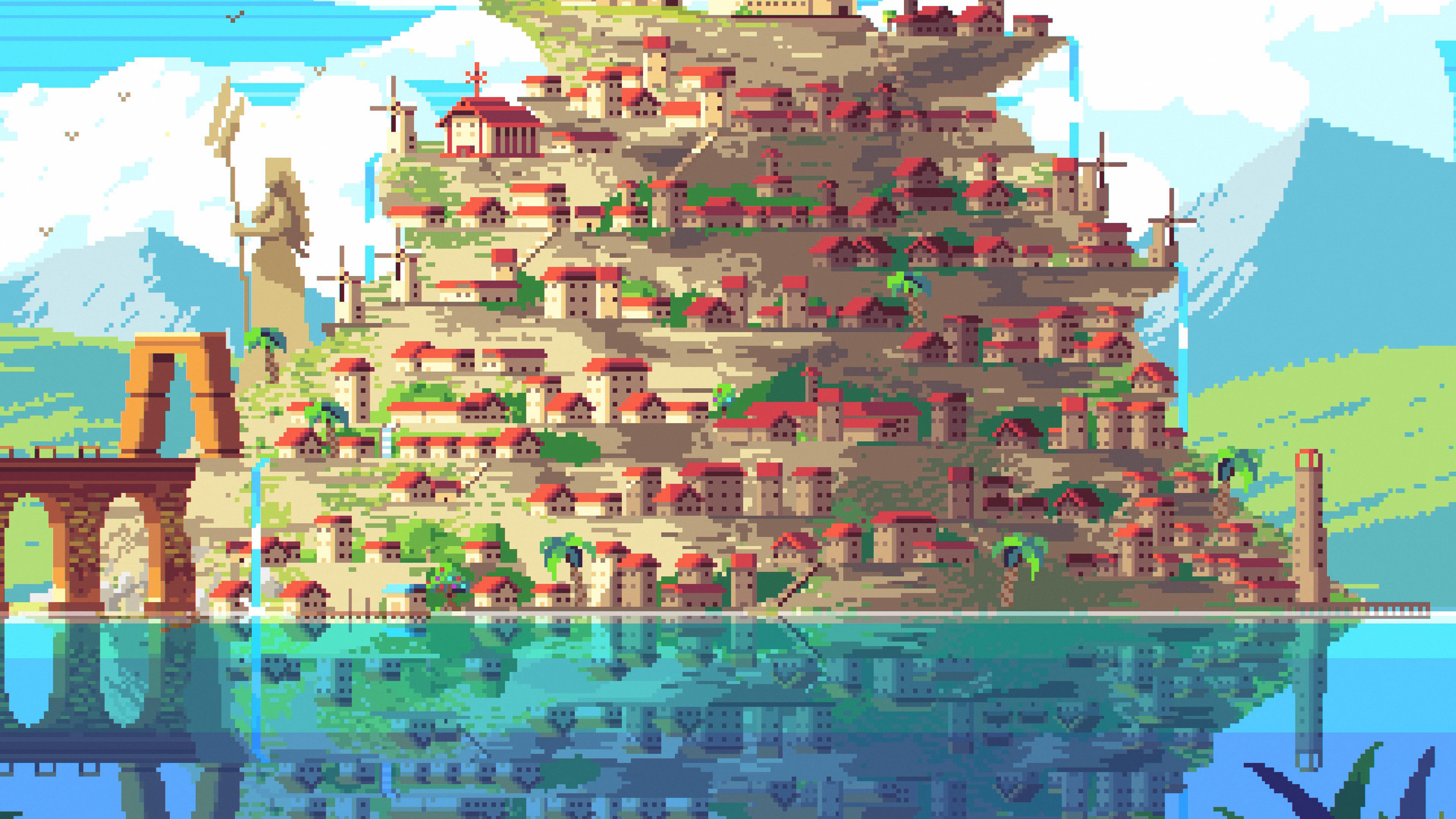 3840x2160 Pixel Art LakeSide Massive Galaxy Studios 4K Building City Lake Clouds Mountains Wallpaper:3840x2160