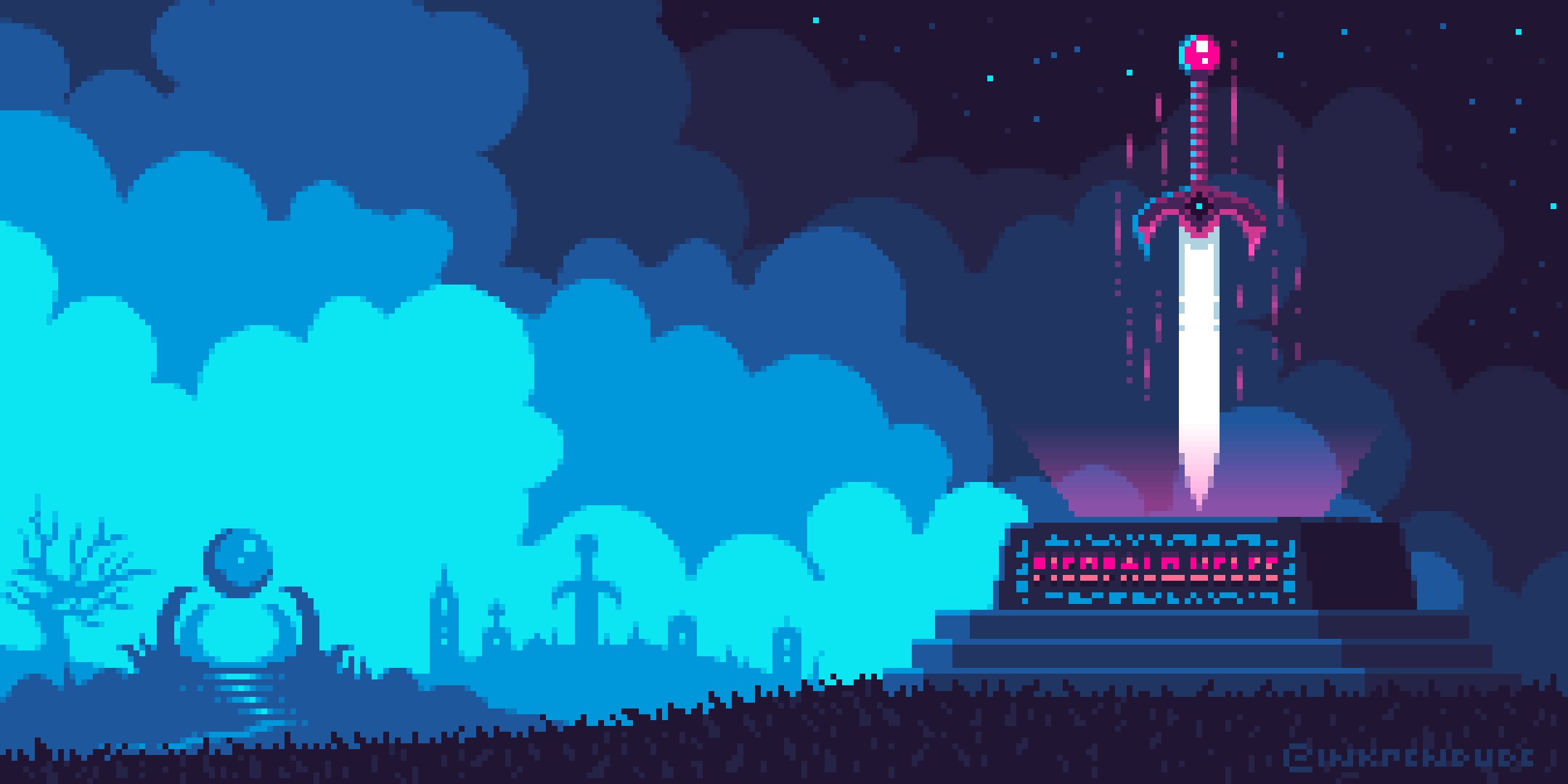 2160x1080 Cliche landscape with a sword on a hill by Inkpendude HD Wallpaper