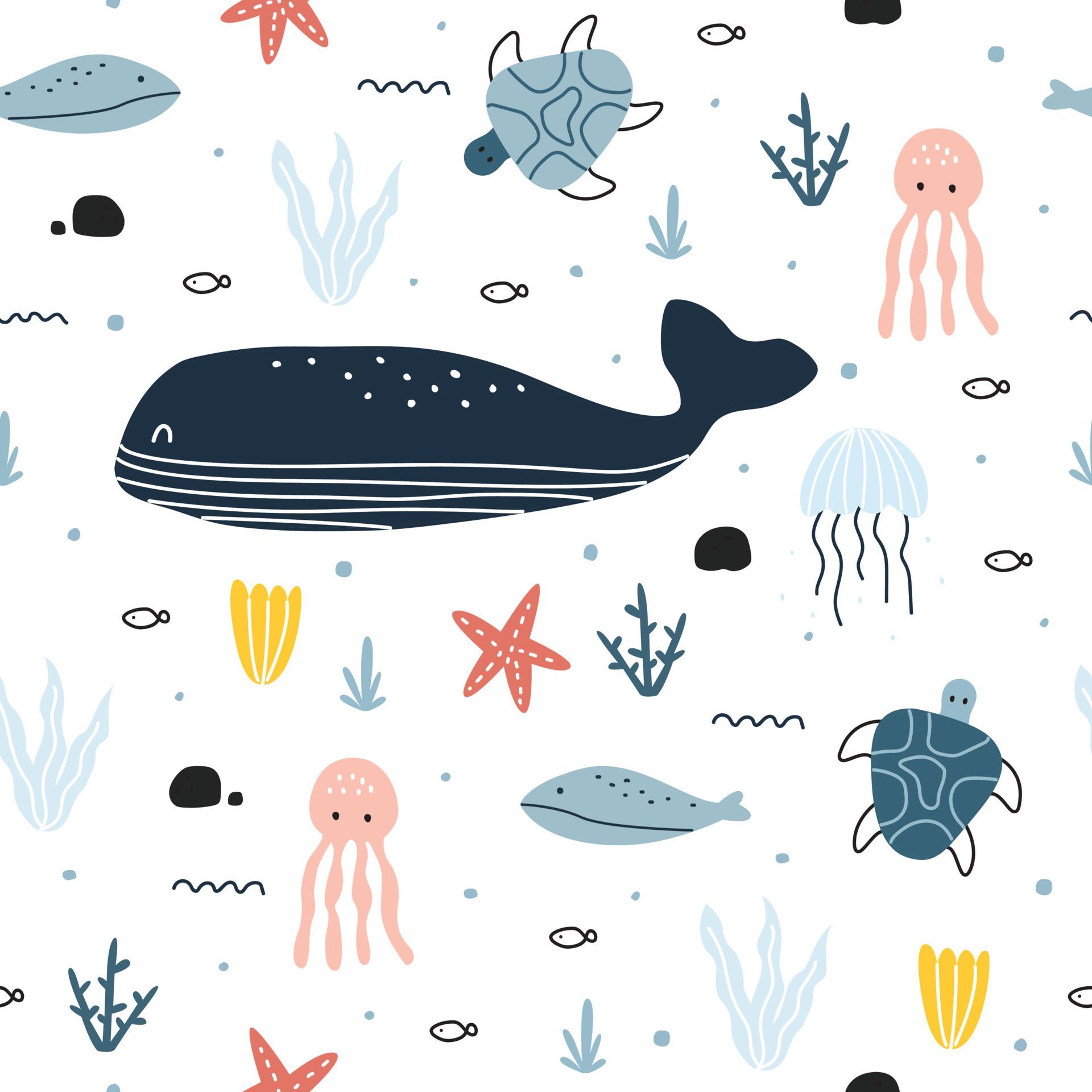 1920x1920 Blue whale seamless pattern with marine life Cute Animal Cartoon Background For Prints, Wallpaper, Garments, Textiles, Vector Illustration