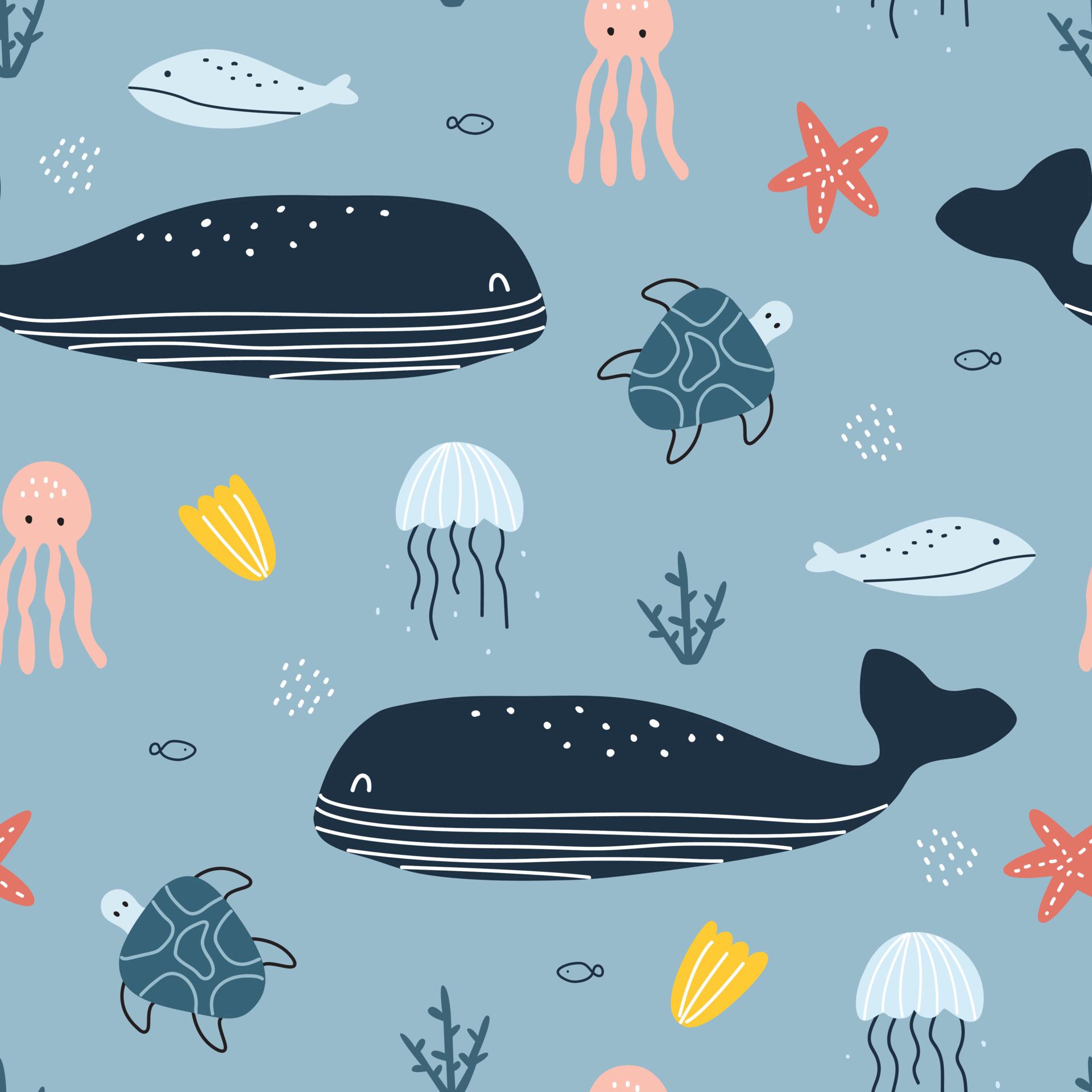 1920x1920 Blue whale seamless pattern with marine life Cute Animal Cartoon Background For Prints, Wallpaper, Garments, Textiles, Vector Illustration