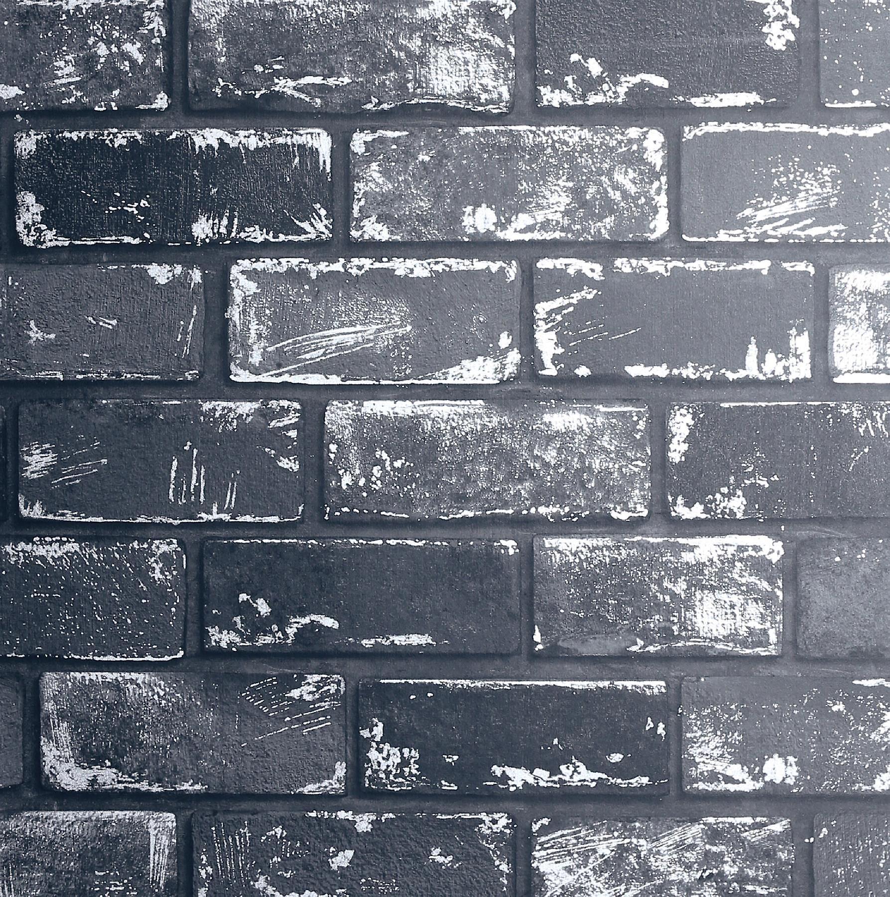 1787x1800 3D Effect Metallic Brick Wallpaper Black Silver Grey Stone Industrial Arthouse