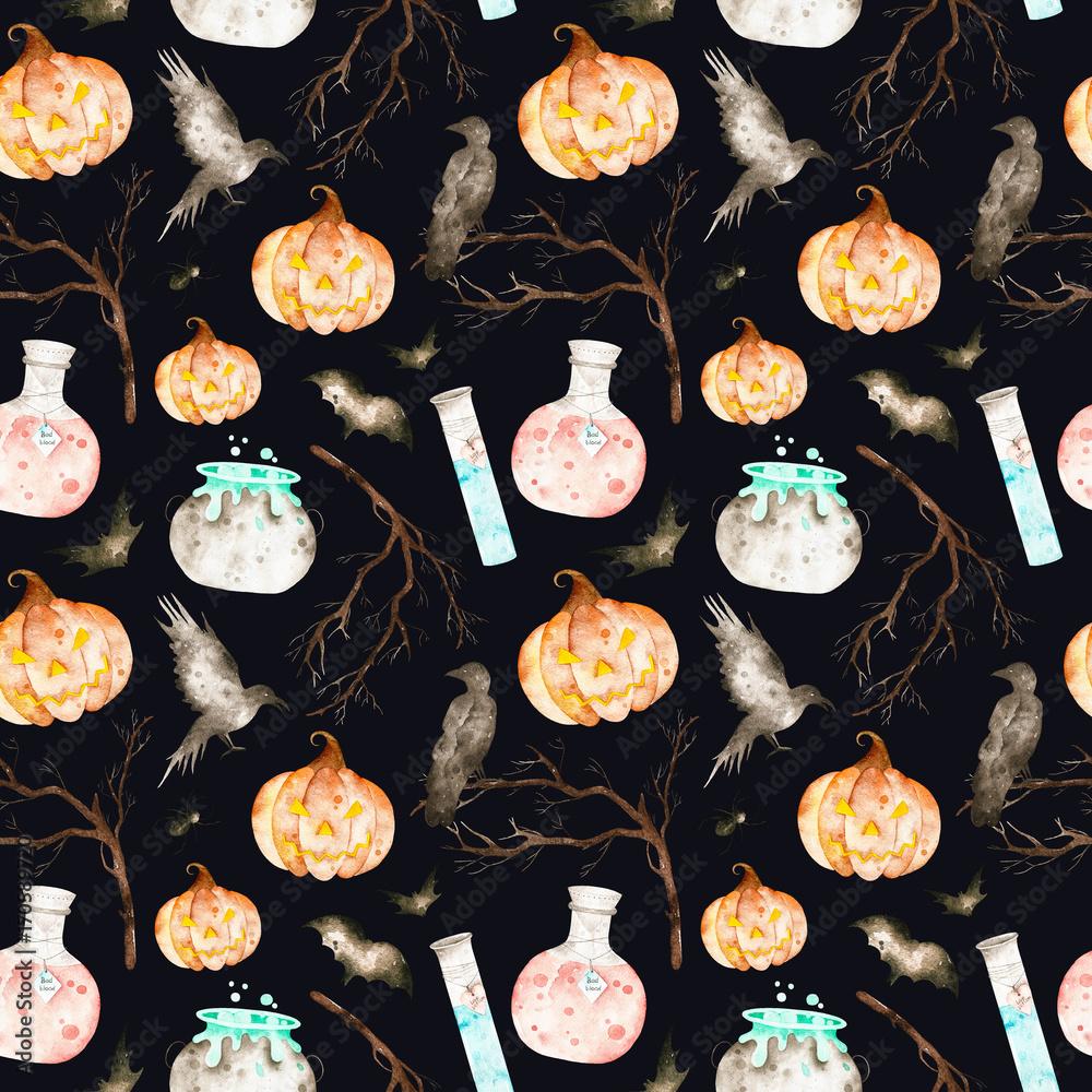 1000x1000 This halloween seamless pattern on a black background included magic cauldron, potion bottles, bats, ravens, branches and crazy pumpkin.This pattern perfect for wallpaper, cover design, print. Stock Illustration
