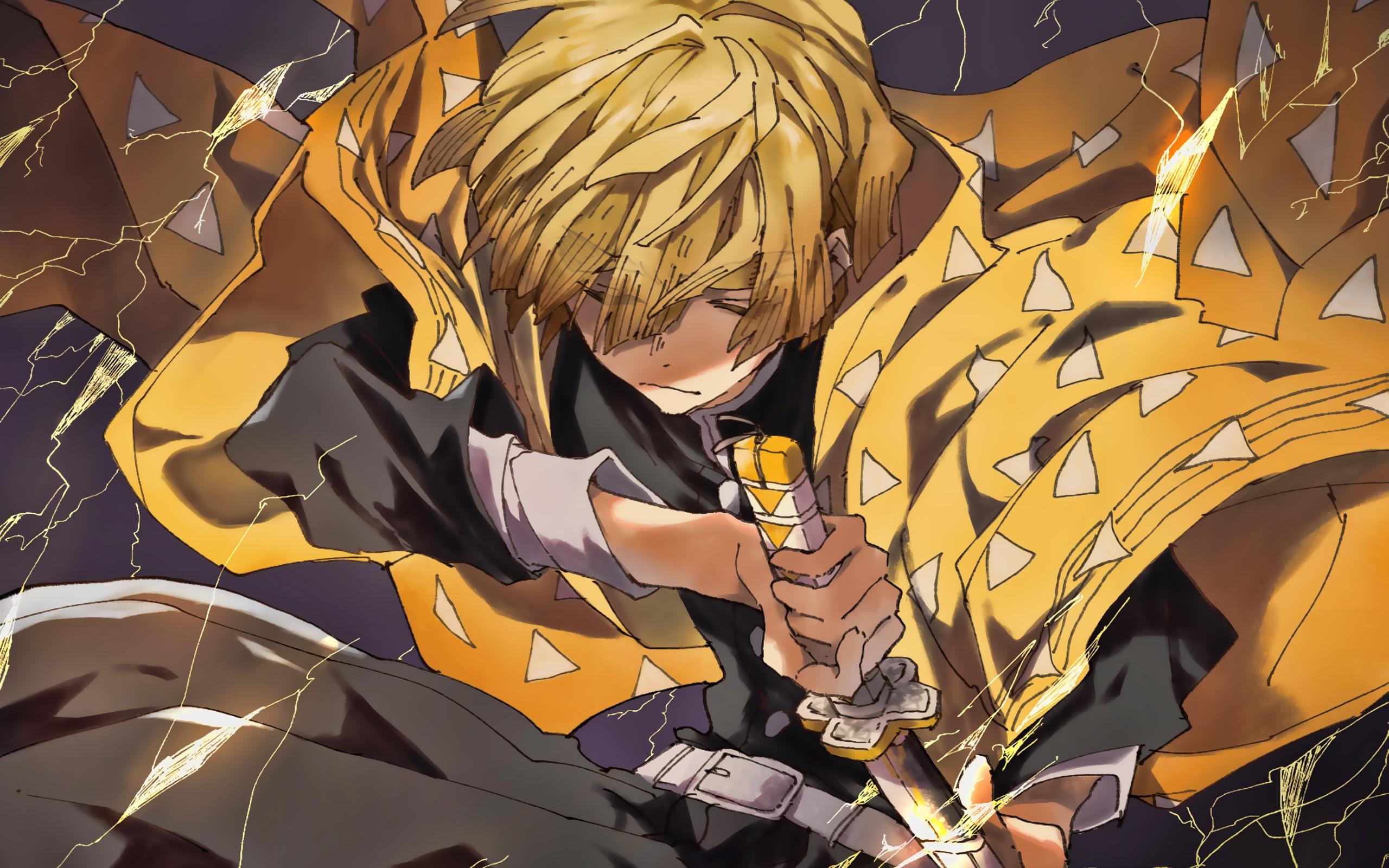 2560x1600 Download wallpaper Zenitsu Agatsuma, battle, Demon Hunter, artwork, Kimetsu no Yaiba, Demon Slayer, manga, lightings for desktop with resolution 2560x1600. High Quality HD picture wallpaper