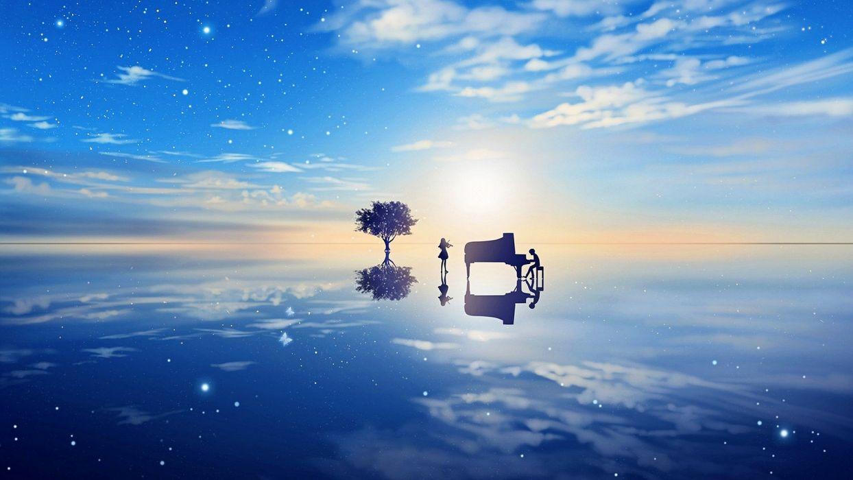 1244x700 Anime couple sky beauty blue tree piano violin clouds wallpaperx1080