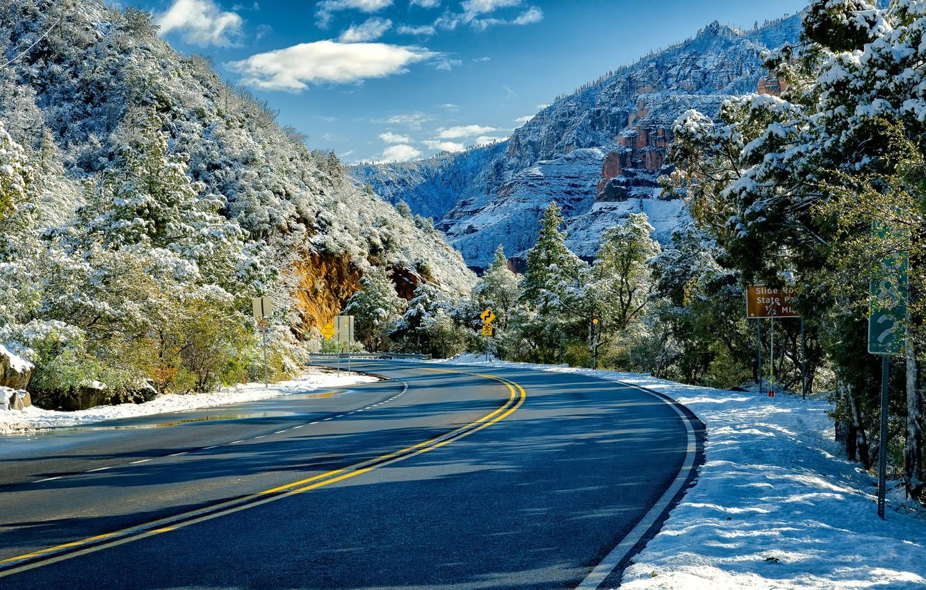 1332x850 Wallpaper road, snow, trees, rocks, AZ, Arizona, Sedona, Sedona image for desktop, section пейзажи
