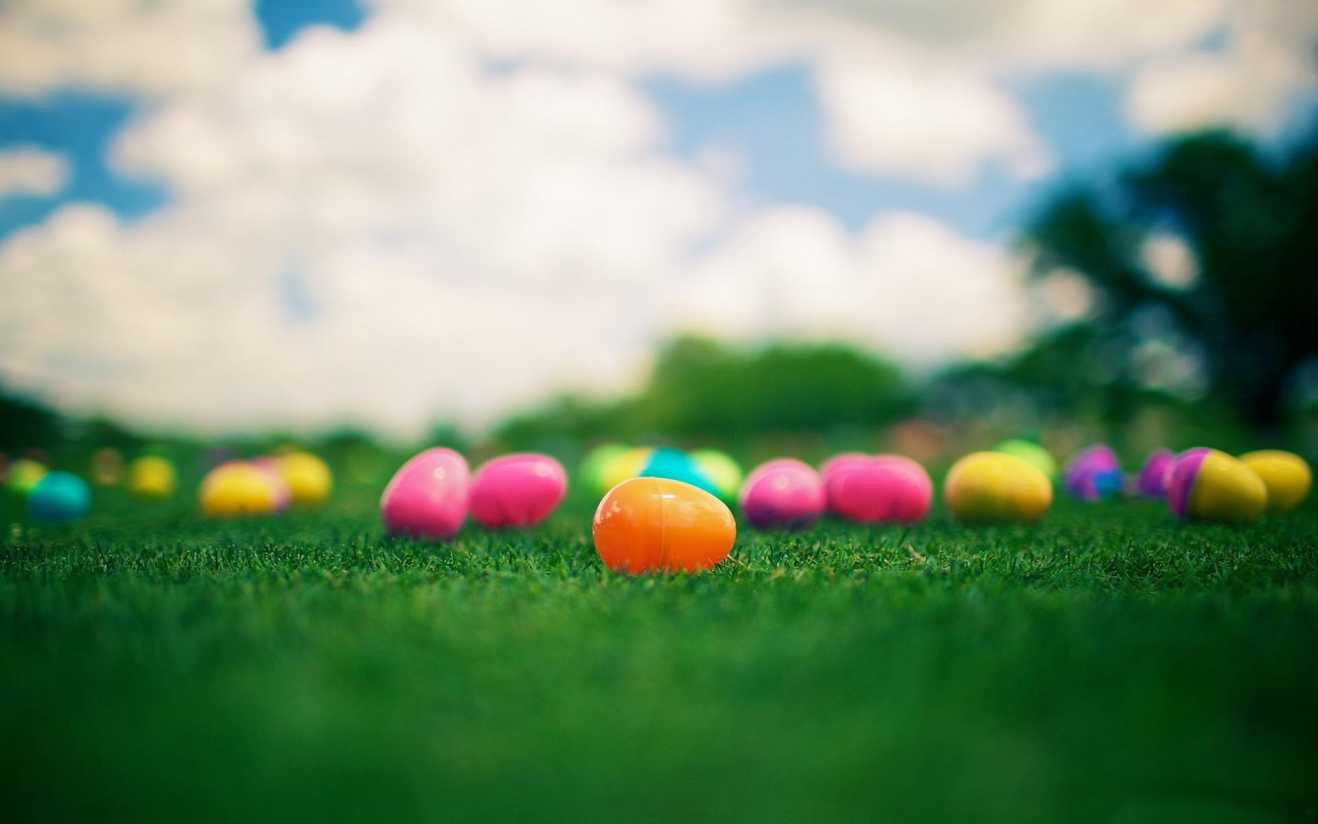 1920x1200 Plastic Easter eggs on the grass Spring Holiday