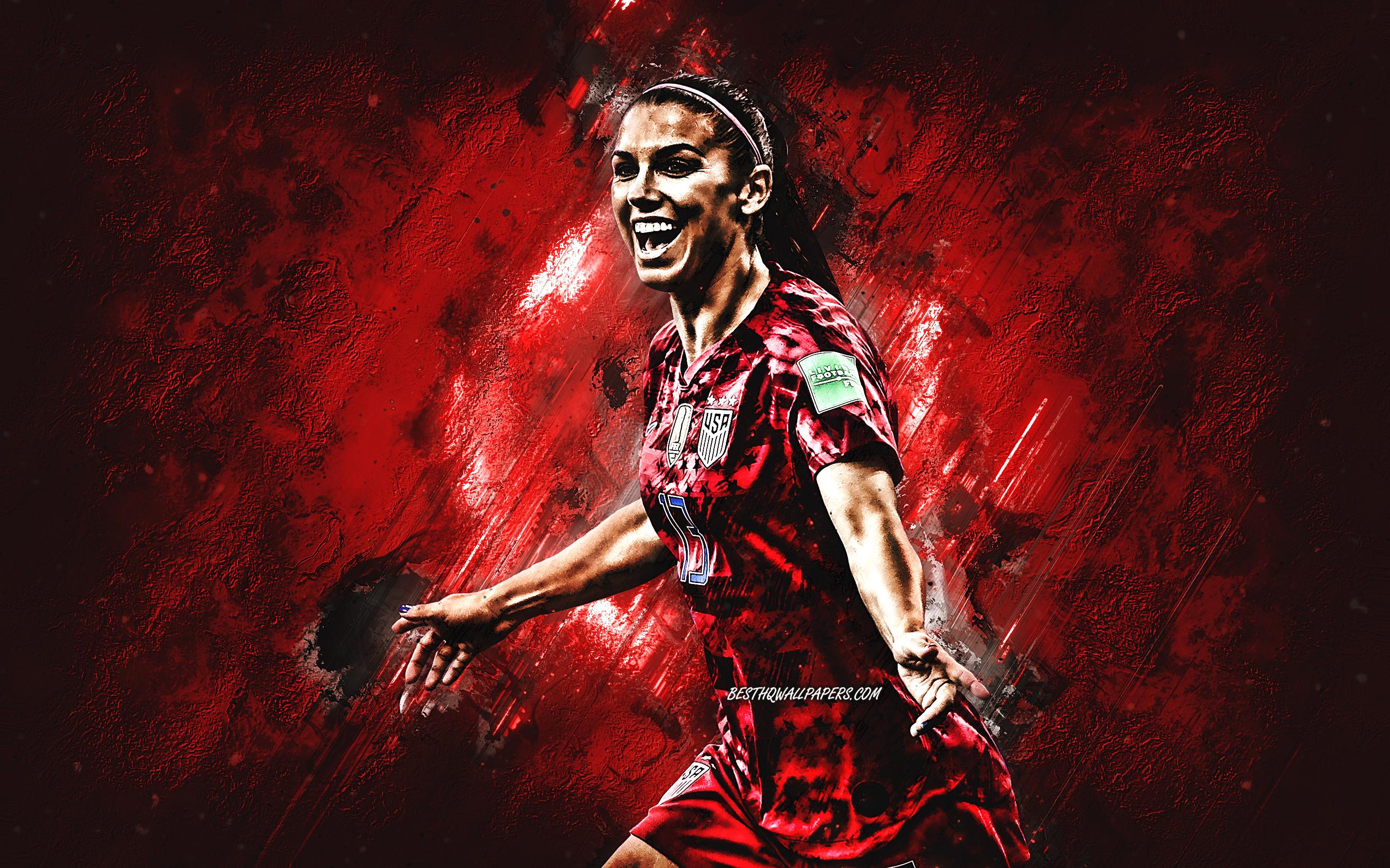 2880x1800 Download wallpaper Alex Morgan, United States womens national soccer team, American football player, USA, portrait, red stone background, football for desktop with resolution 2880x1800. High Quality HD picture wallpaper