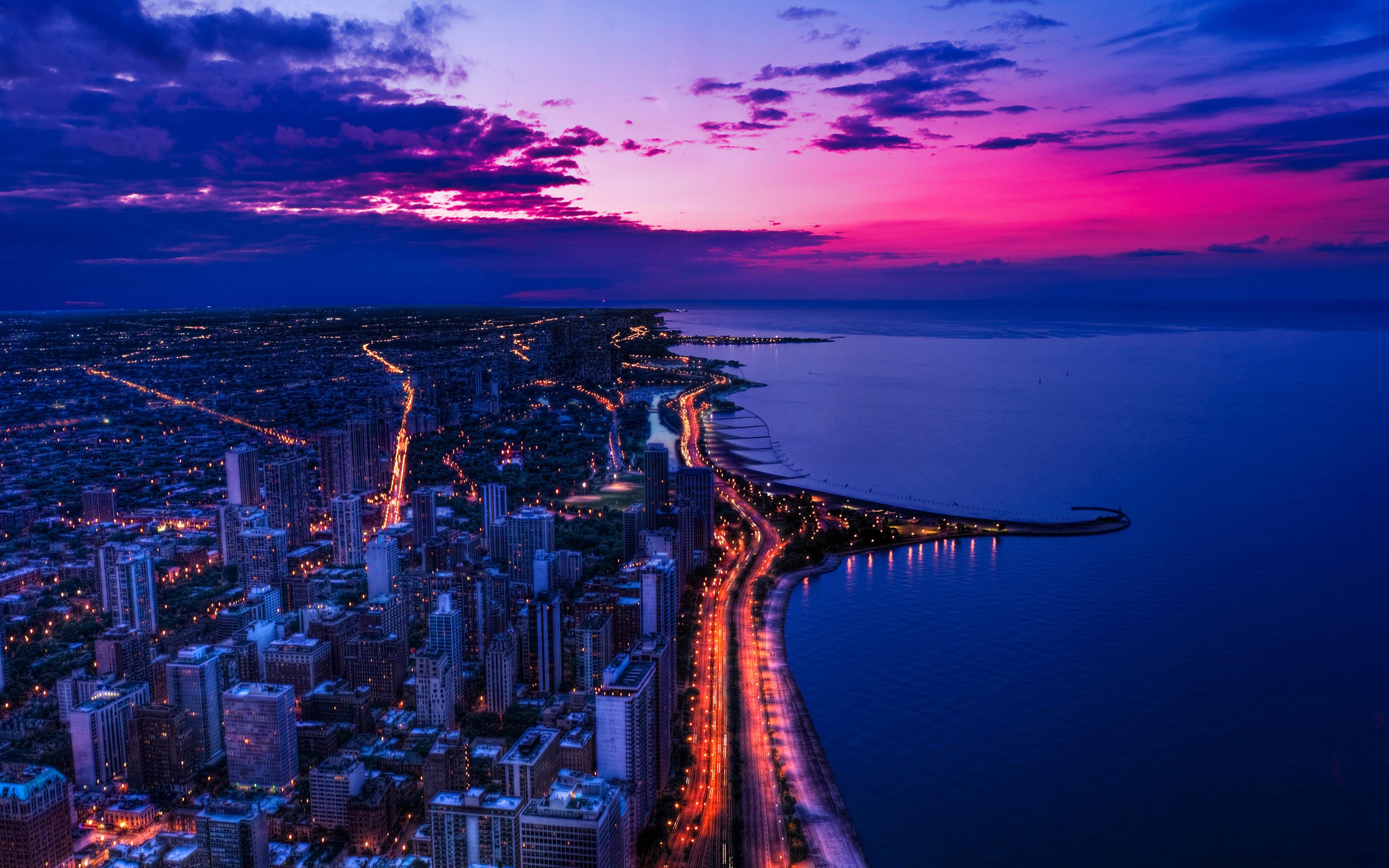 3840x2400 Chicago City Night Sky View Scape Ocean Beach