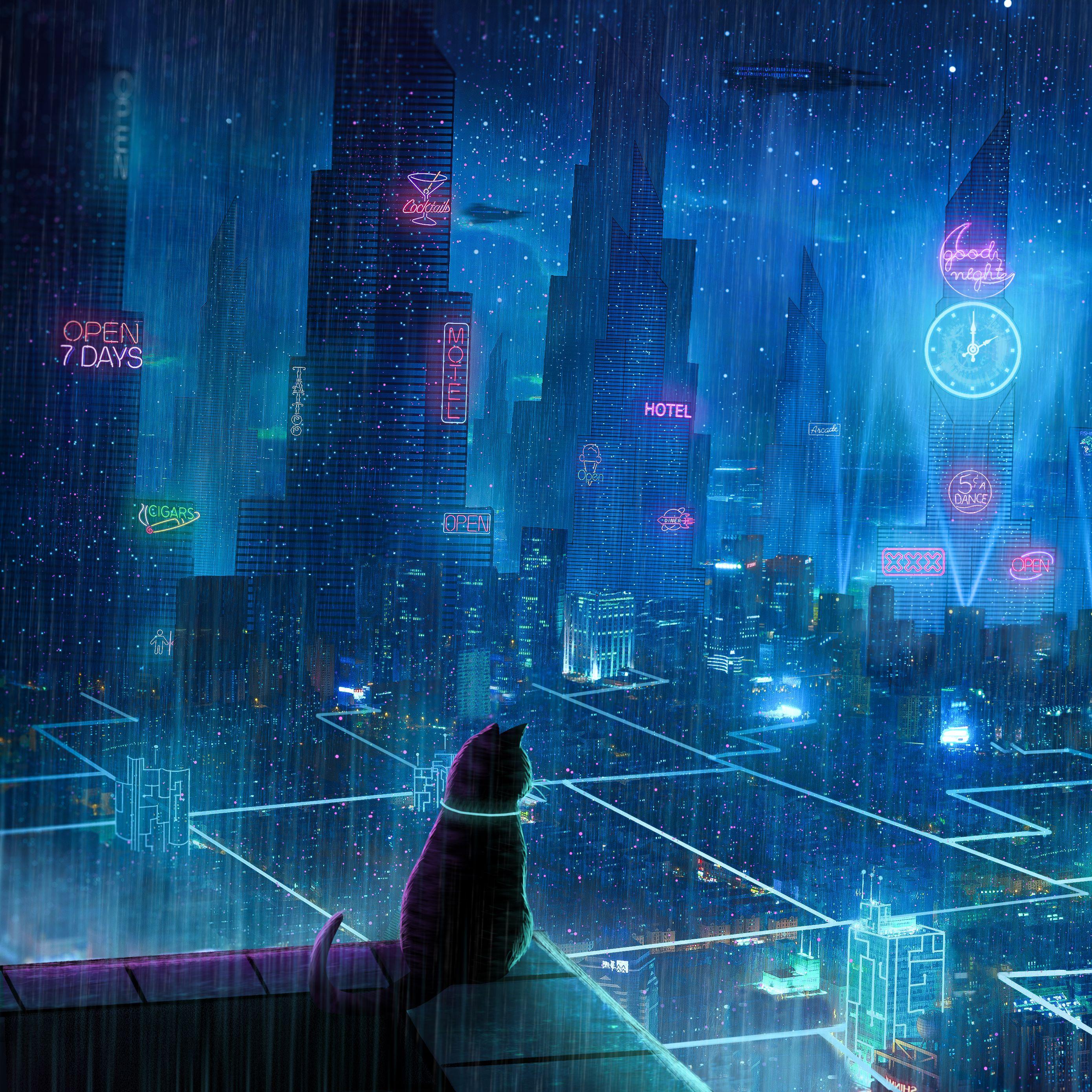 2780x2780 Download wallpaper 2780x2780 cat, roof, city, neon lights, metropolis, future, cyberpunk ipad air, ipad air ipad ipad ipad mini ipad mini ipad mini ipad pro 9.7 for parallax HD background