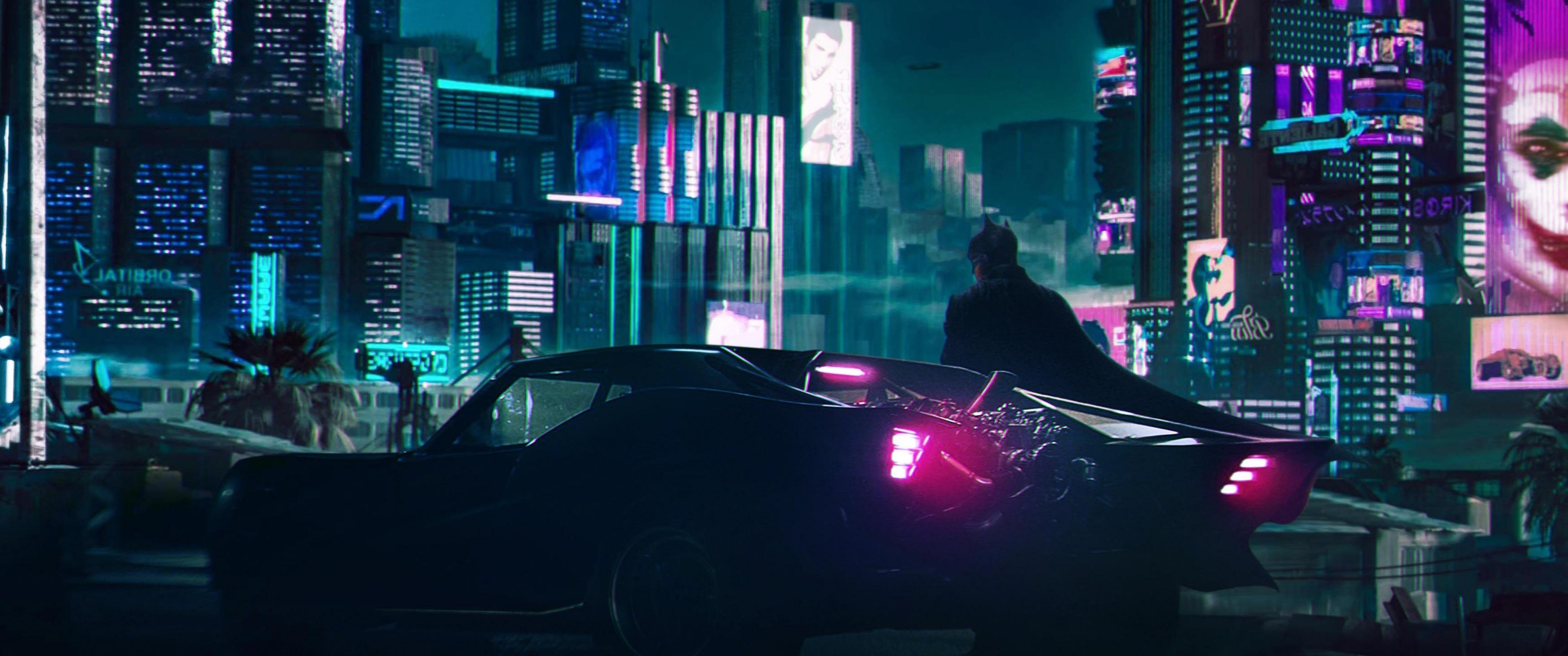 3440x1440 Batman Wallpaper 4K, Batmobile, Cyberpunk, Neon, Graphics CGI