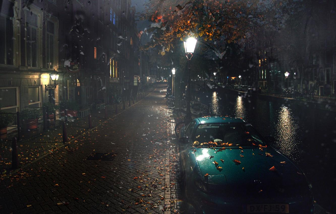 1332x850 Wallpaper auto, autumn, leaves, water, night, rain, street, Amsterdam, lights, Gordeev Edward image for desktop, section город