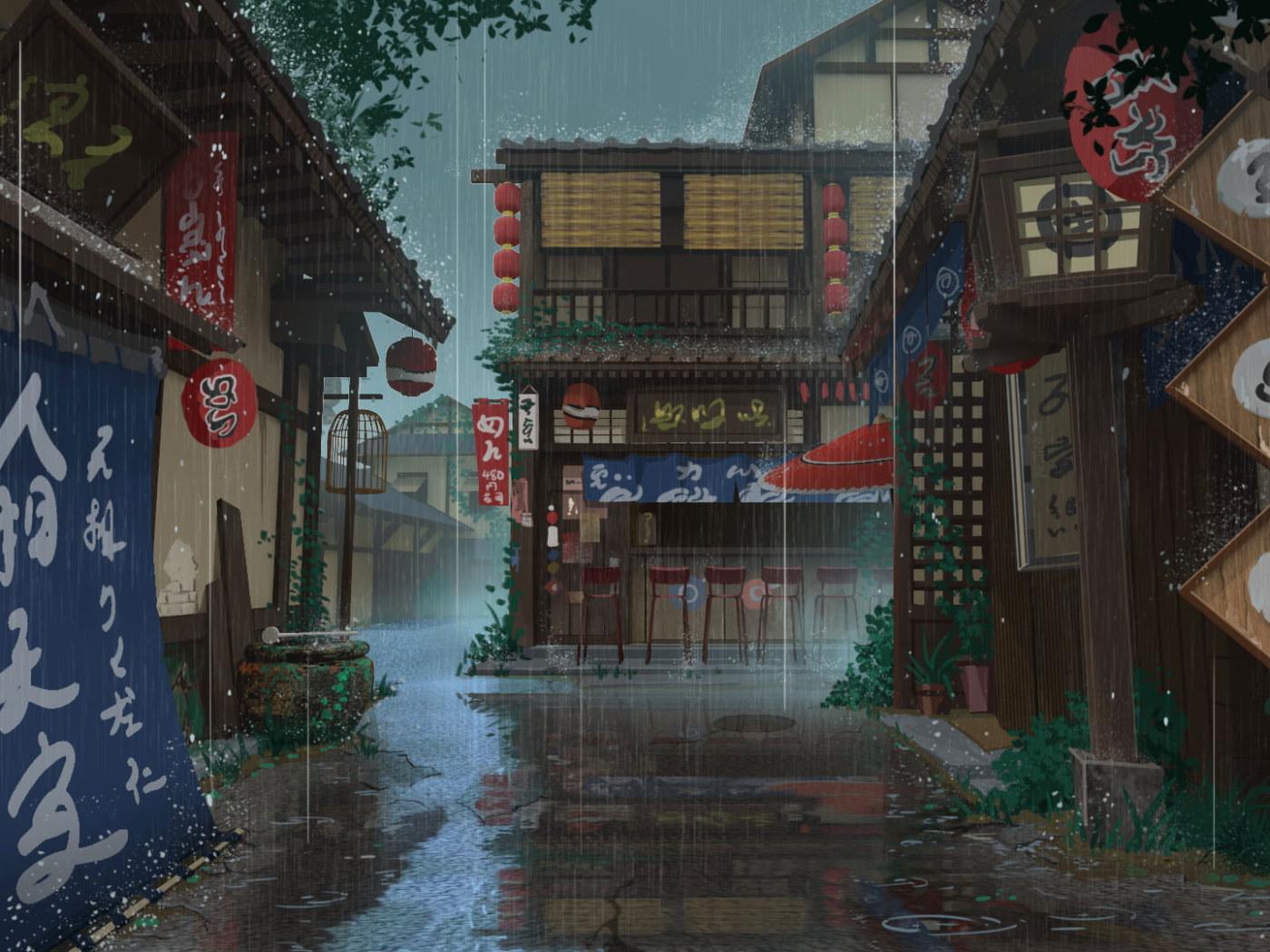 1400x1050 Wallpaper Anime, Original, House, Rain, Street • Wallpaper For You