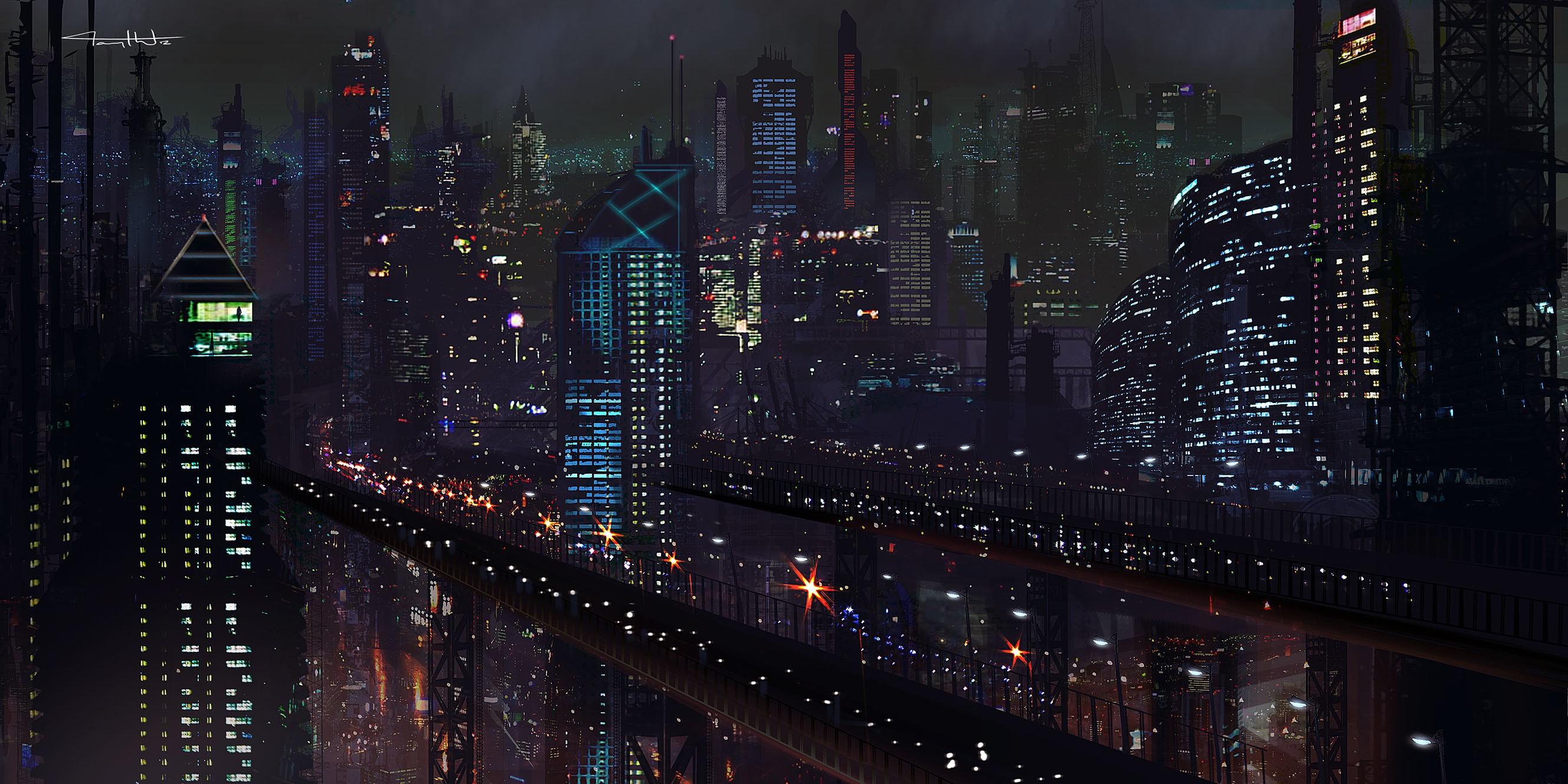 2657x1329 artwork, Futuristic, City, Night, :) Wallpaper HD / Desktop and Mobile Background