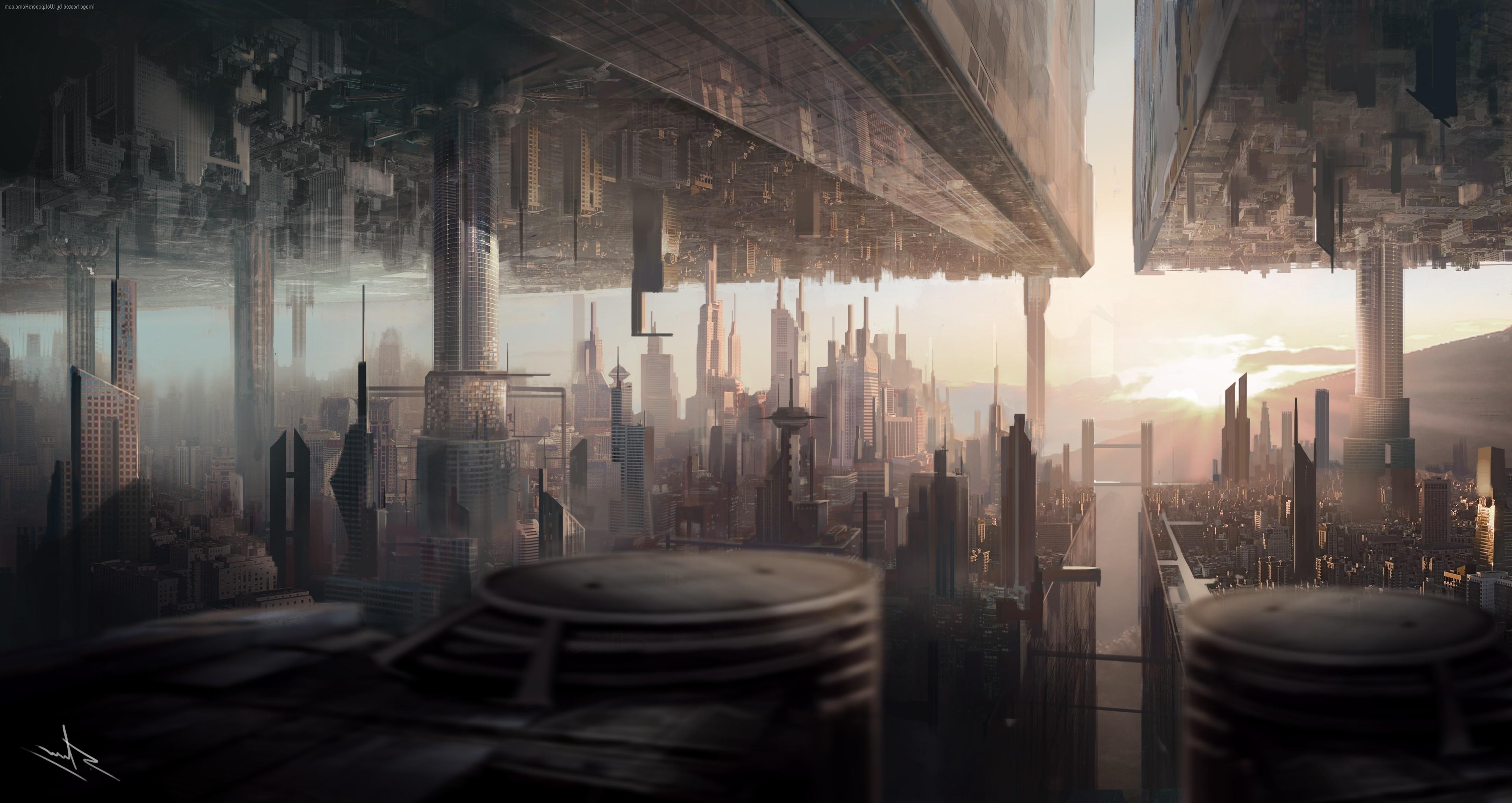 3840x2040 Wallpaper Upside Down World, Sci Fi, Two Dimension, Futuristic City:3840x2040