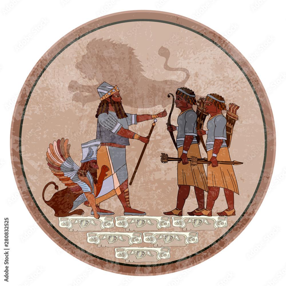 1000x1000 Sumerian civilization frescos. King, warrior and Lamassu (winged lion). Hunting scene. Akkadian Empire. Mesopotamia. Gilgamesh legends. Middle East history. Ancient culture art Stock Vector