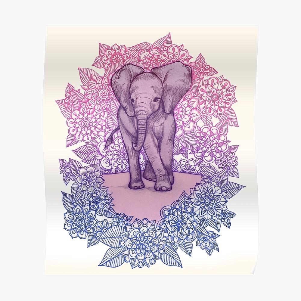 1000x1000 Cute Baby Elephant in pink, purple & blue Poster