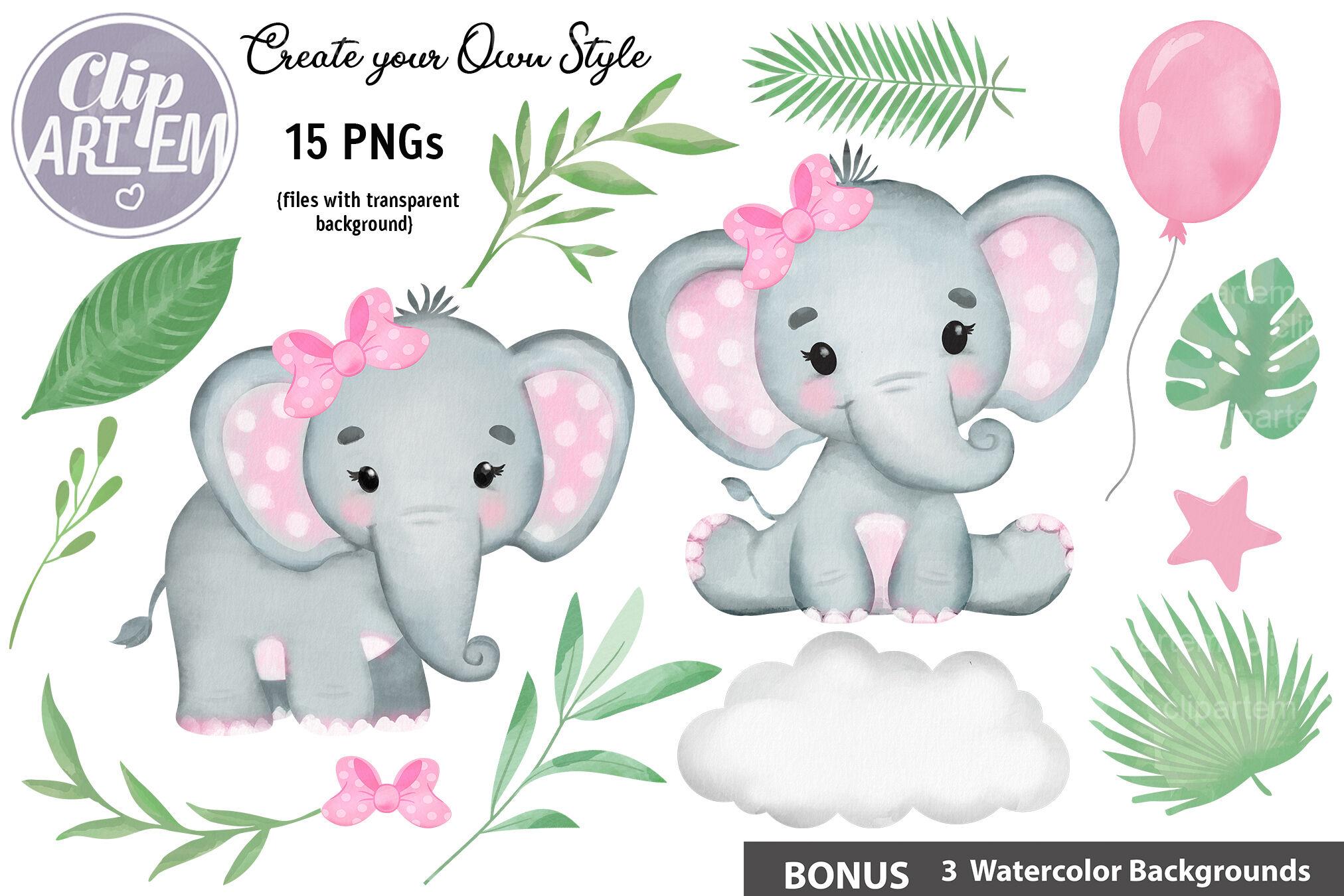 2024x1350 Pink Elephant Greenery Clip Art - PNG, watercolor background By clipArtem