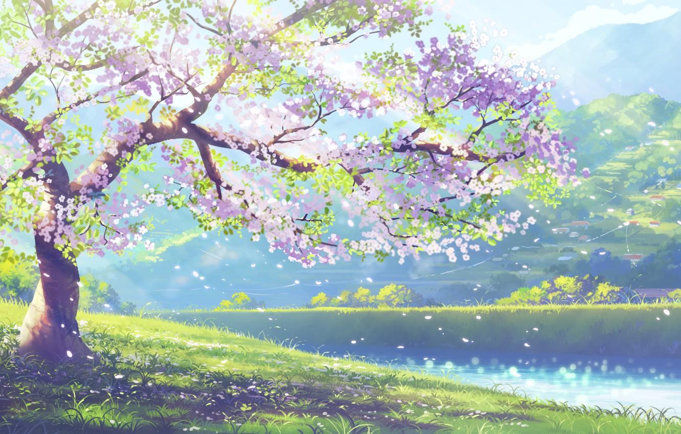 1332x850 Wallpaper mountains, river, Sakura, village, Vienna image for desktop, section арт