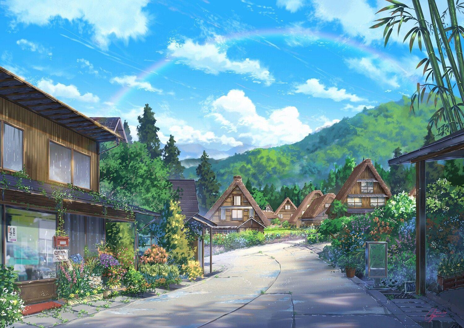 1500x1060 Anime Village Wallpaper