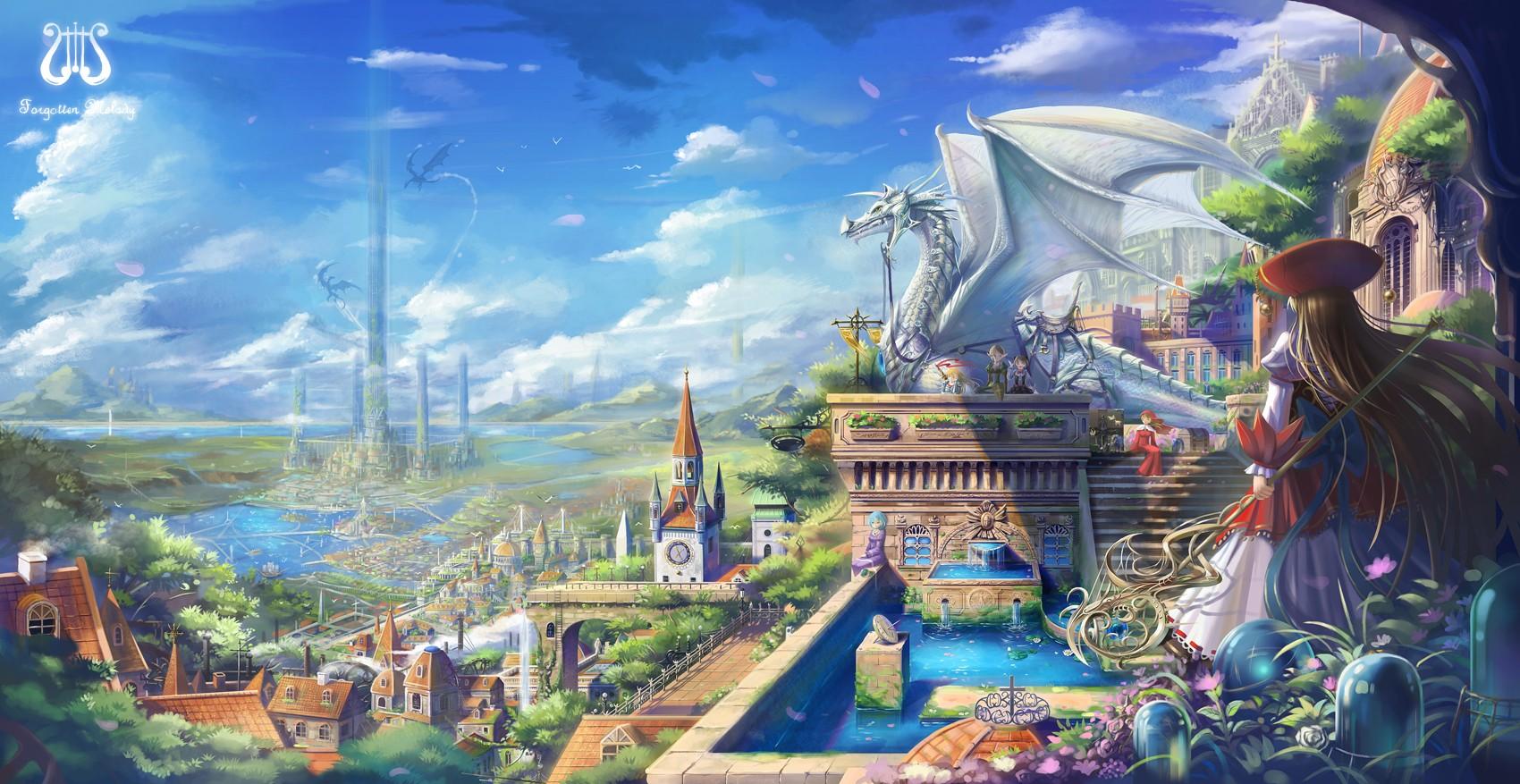 1700x877 Fantasy Art Anime Girls Clock Tower Fountain Clouds Sky Village Landscape Wallpaper:1700x877