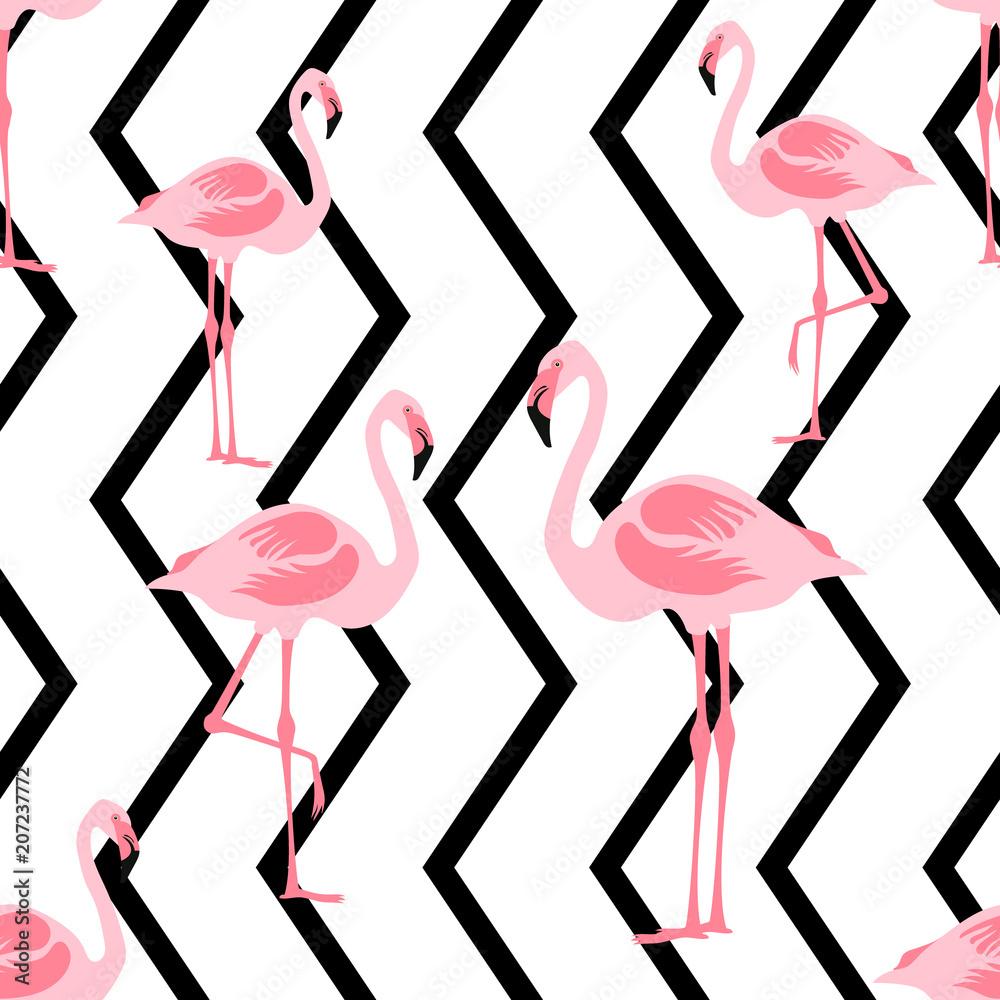 1000x1000 Seamless pattern flamingo standing on zig zag black and white background.printing wallpaper.vector illustration Stock Vector