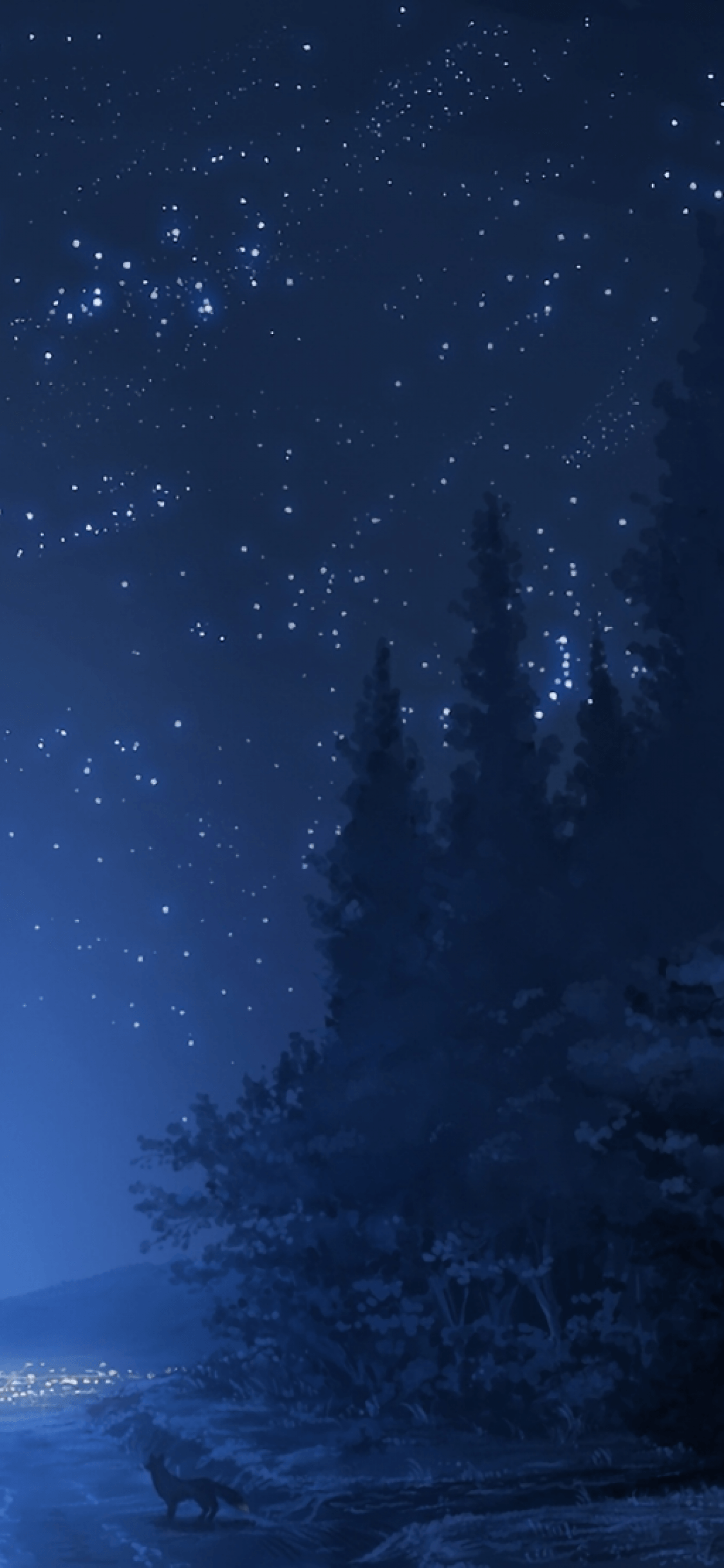 1125x2436 Download 1125x2436 Anime Landscape, Forest, Night, Stars, Wolf