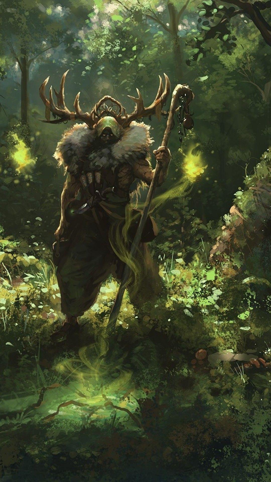 1080x1920 Download 1080x1920 Fantasy Landscape, Sorcerer, Wolf, Staff, Forest