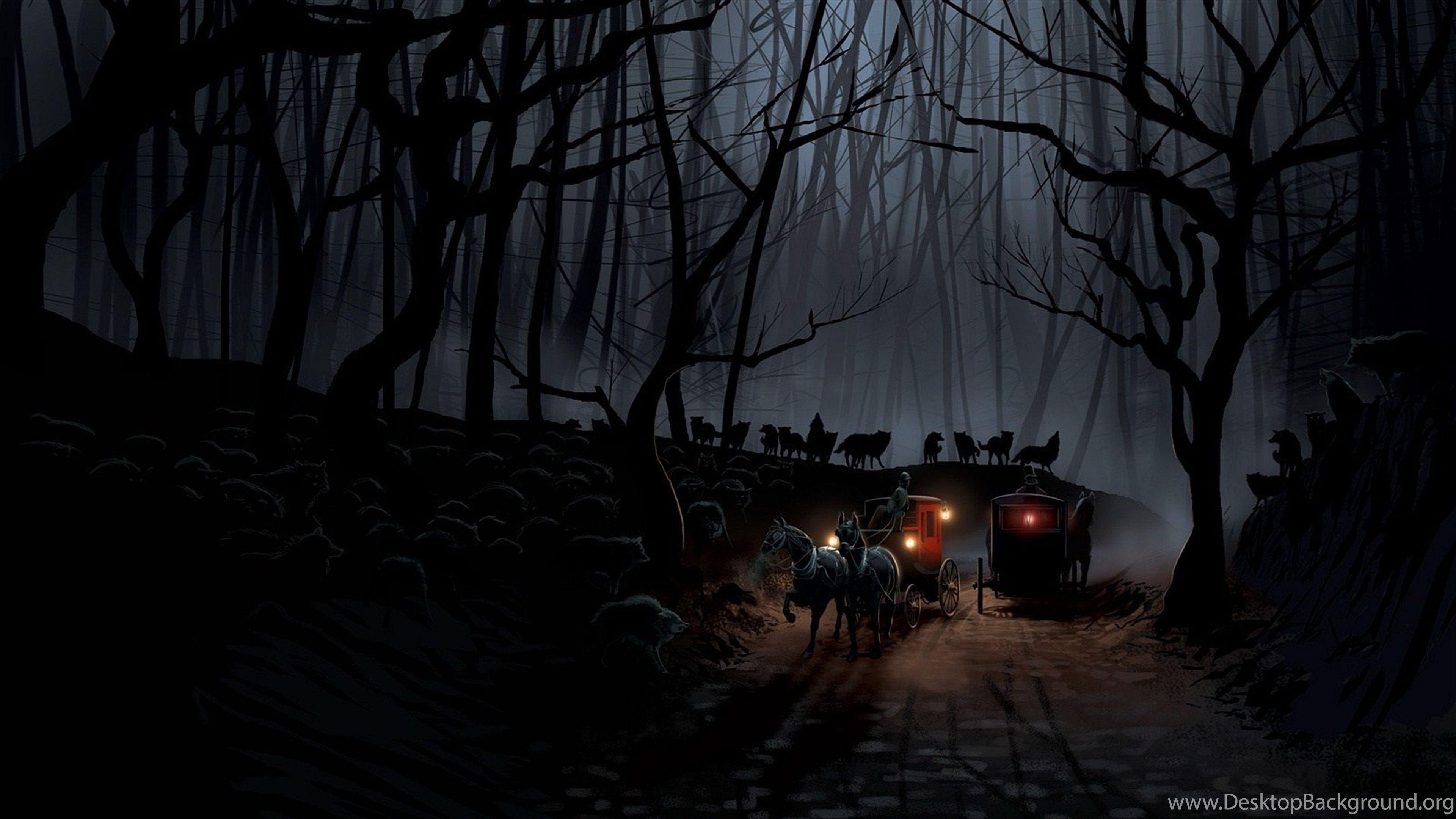 3840x2160 Coaches Night Forest Wolves Crew Road Fantasy Wolf Dark Wallpaper