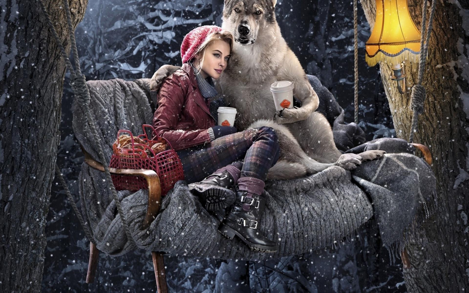 1920x1200 Red riding hood, Dog, Girl, Wolf, Forest, Winter, Composition